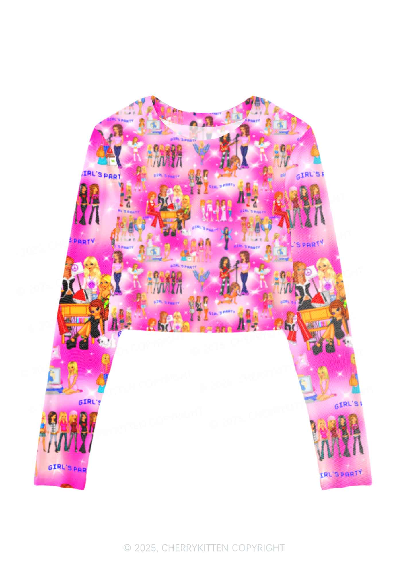 Girls Party Y2K Mesh Long Sleeve Crop Top Cherrykitten