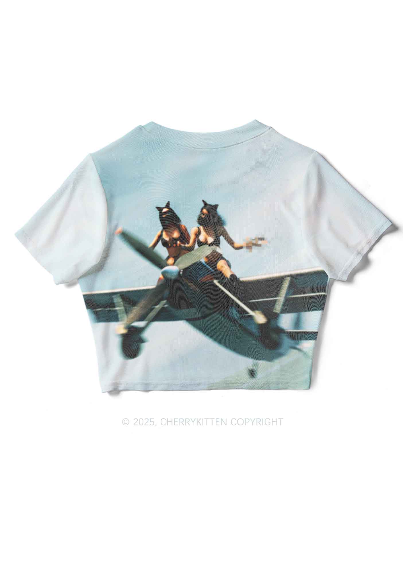 Girls Airplane Race Y2K Mesh Crop Top Cherrykitten