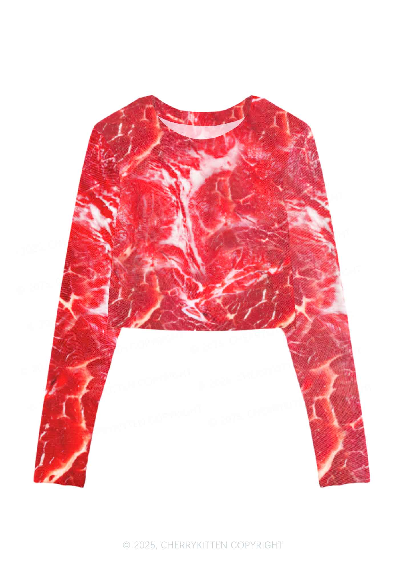 Beef Steak Texture Y2K Mesh Long Sleeve Crop Top Cherrykitten