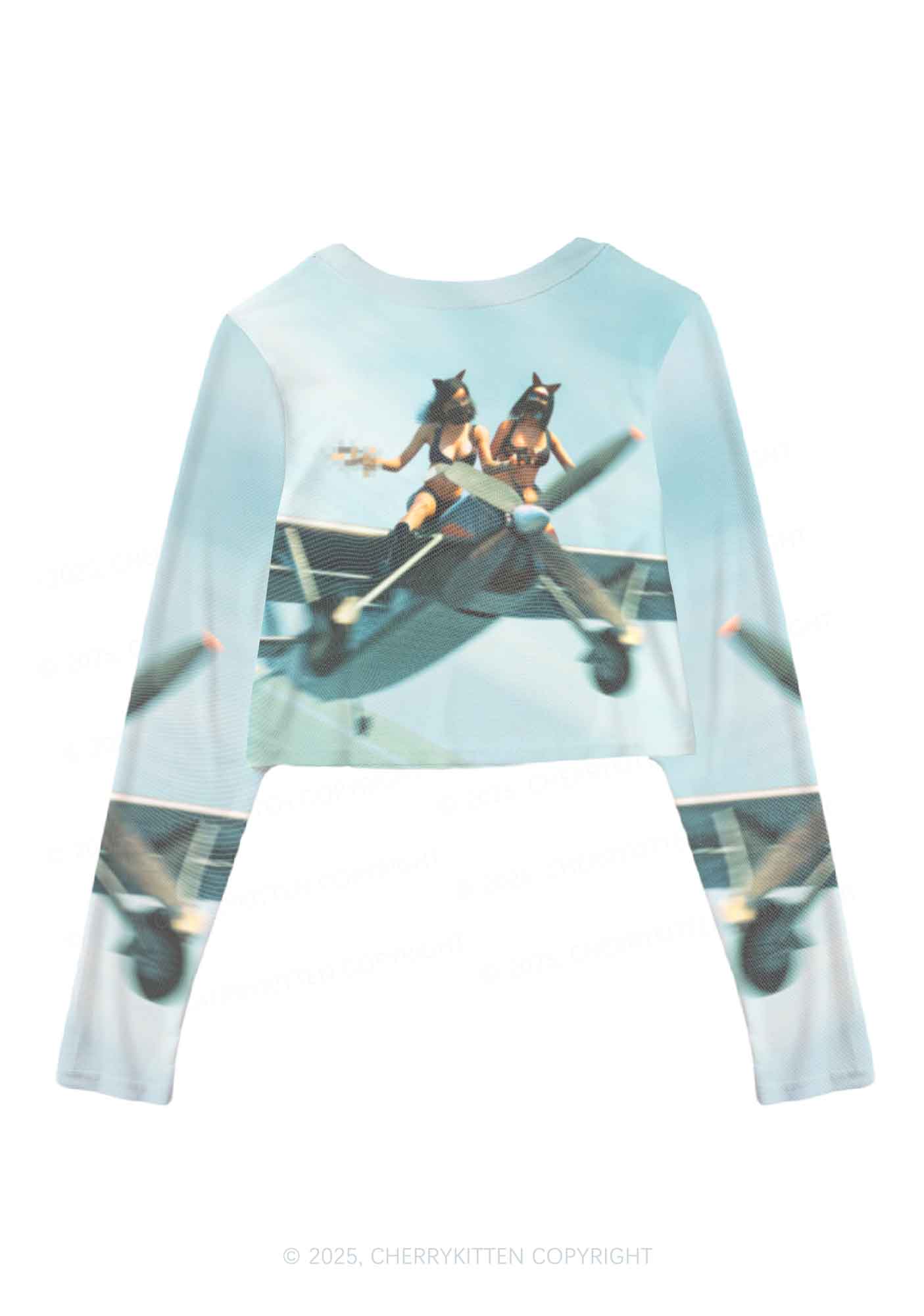 Girls Airplane Race Y2K Mesh Long Sleeve Crop Top Cherrykitten
