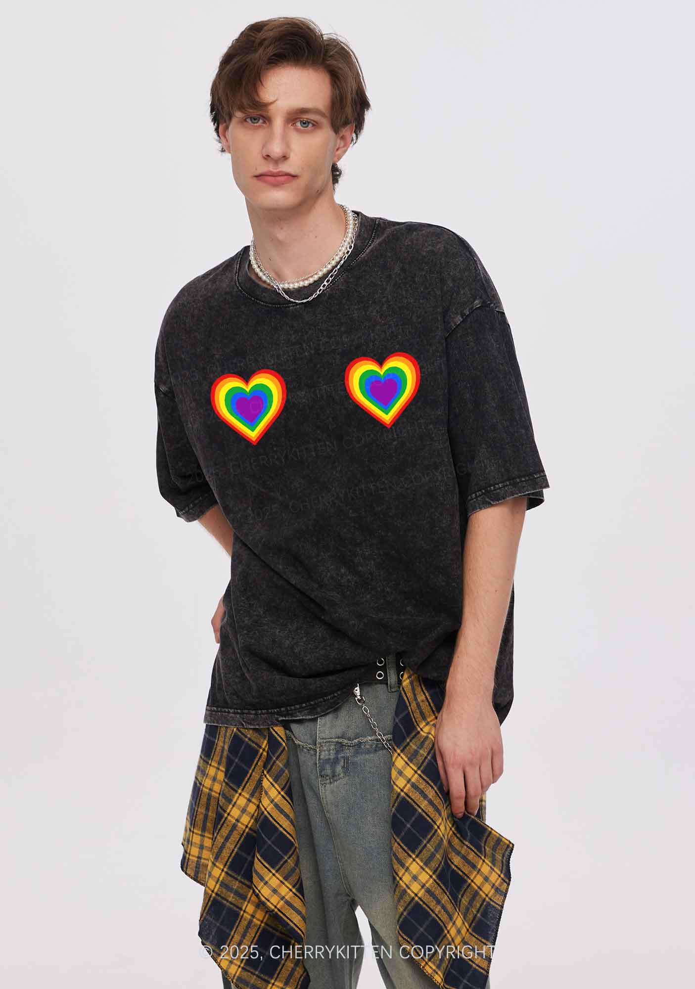 Rainbow Heart Pride Y2K Shirts Washed Tee Cherrykitten