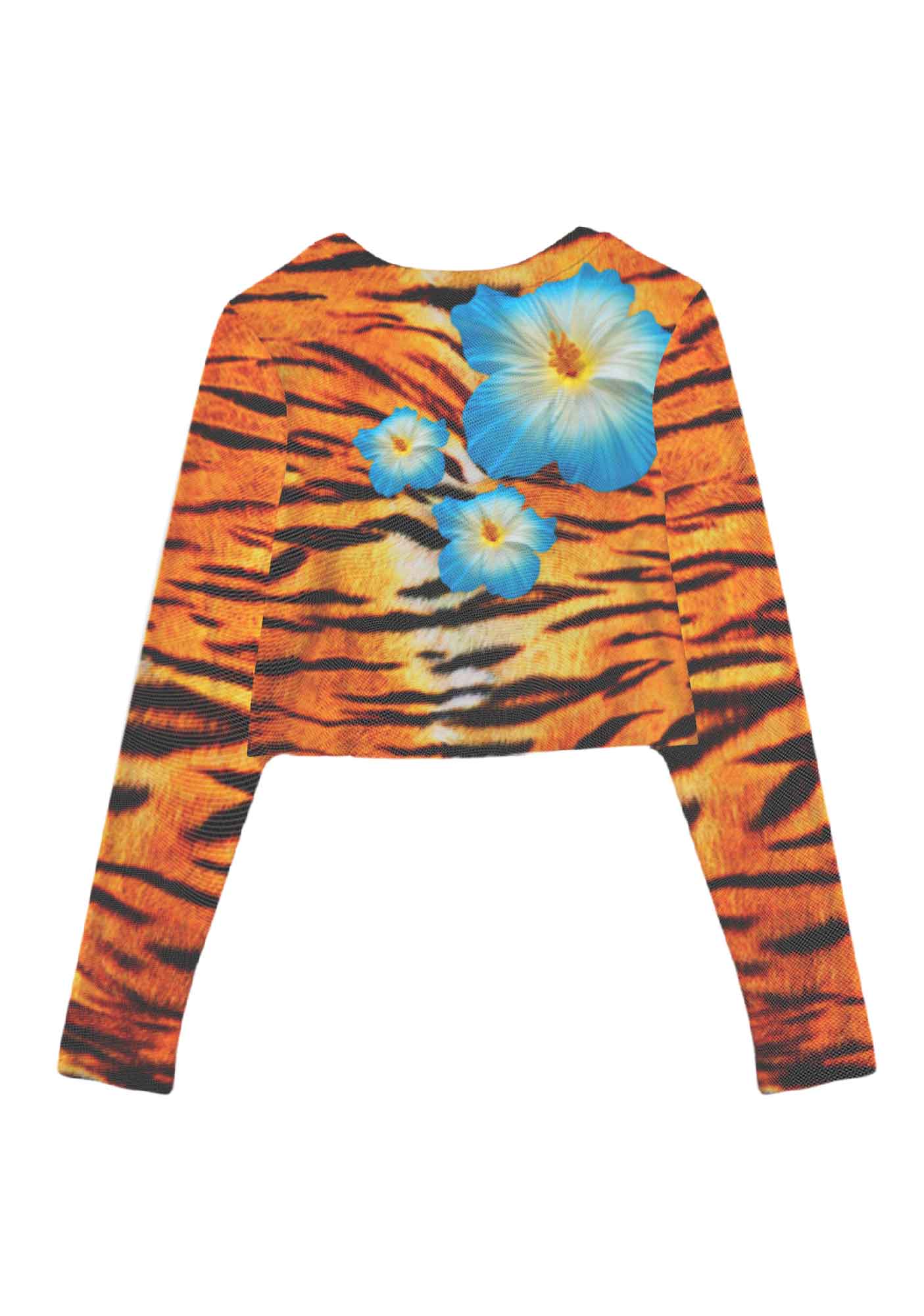 Tiger With Flowers Y2K Mesh Long Sleeve Crop Top Cherrykitten