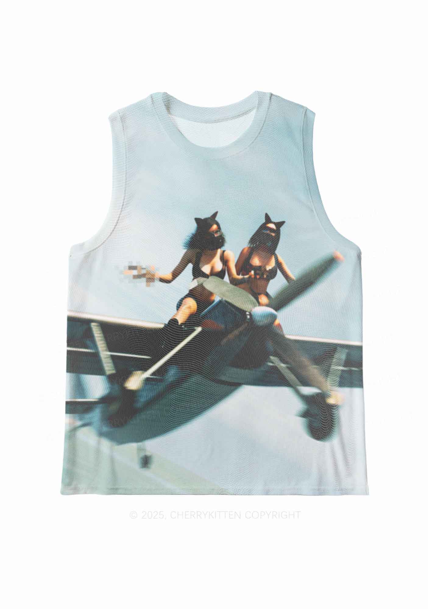 Girls Airplane Race Y2K Mesh Muscle Tank Cherrykitten