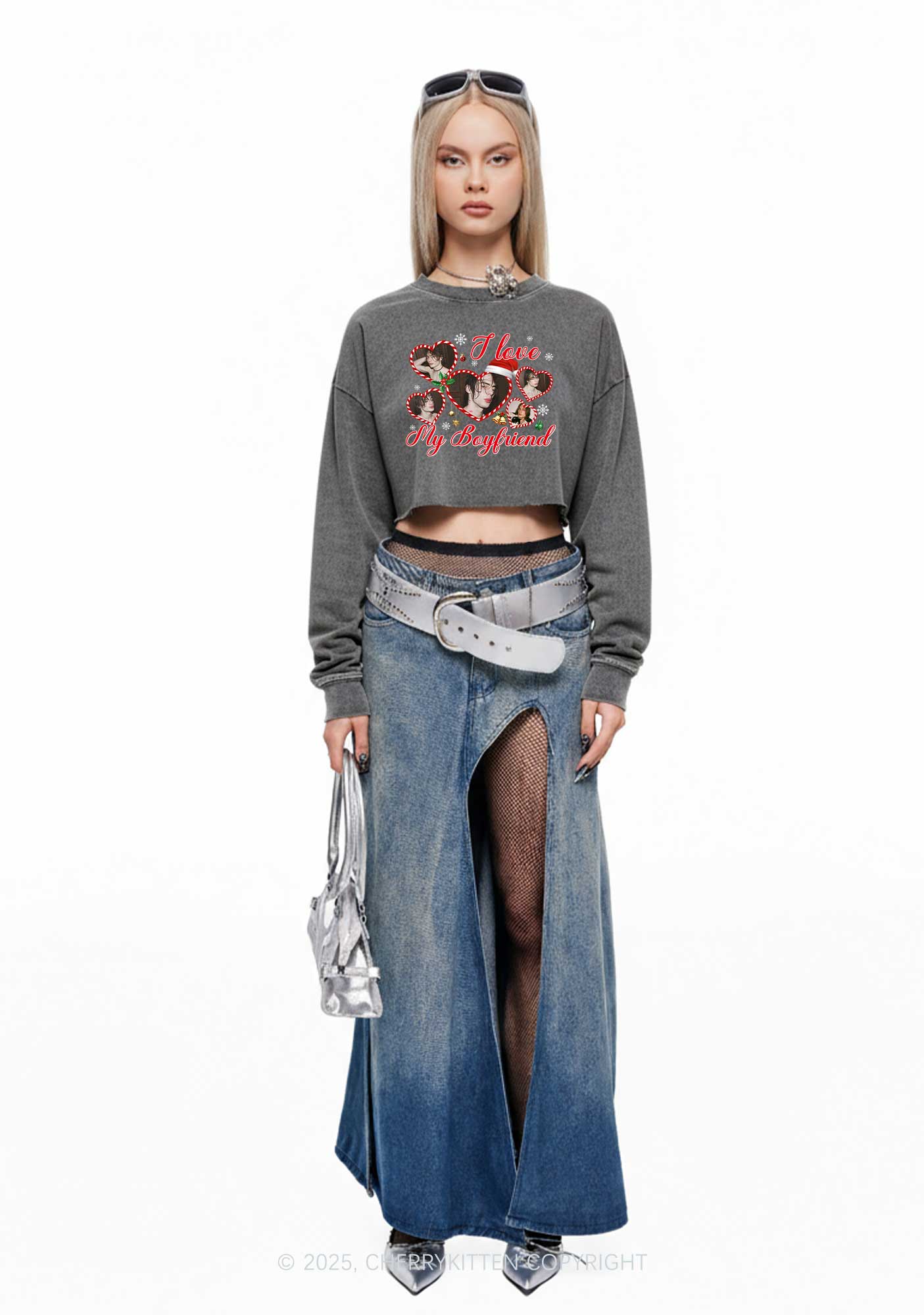 Custom Christmas I Love My GF Y2K Crop Washed Sweatshirts Cherrykitten