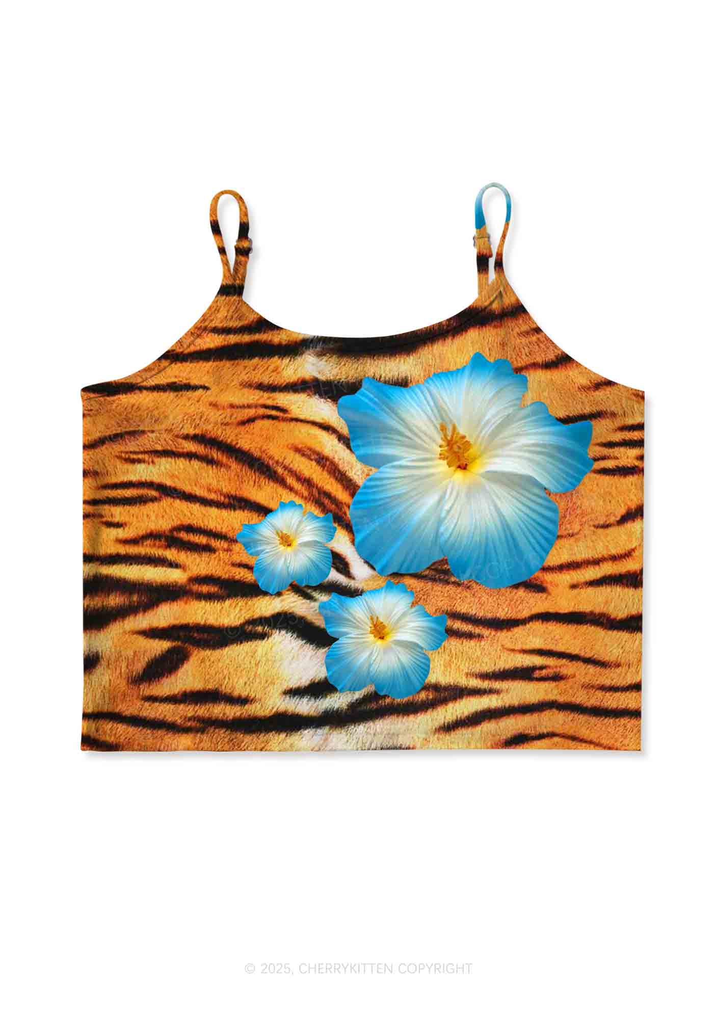 Tiger With Flowers Y2K Print Cami Crop Top Cherrykitten