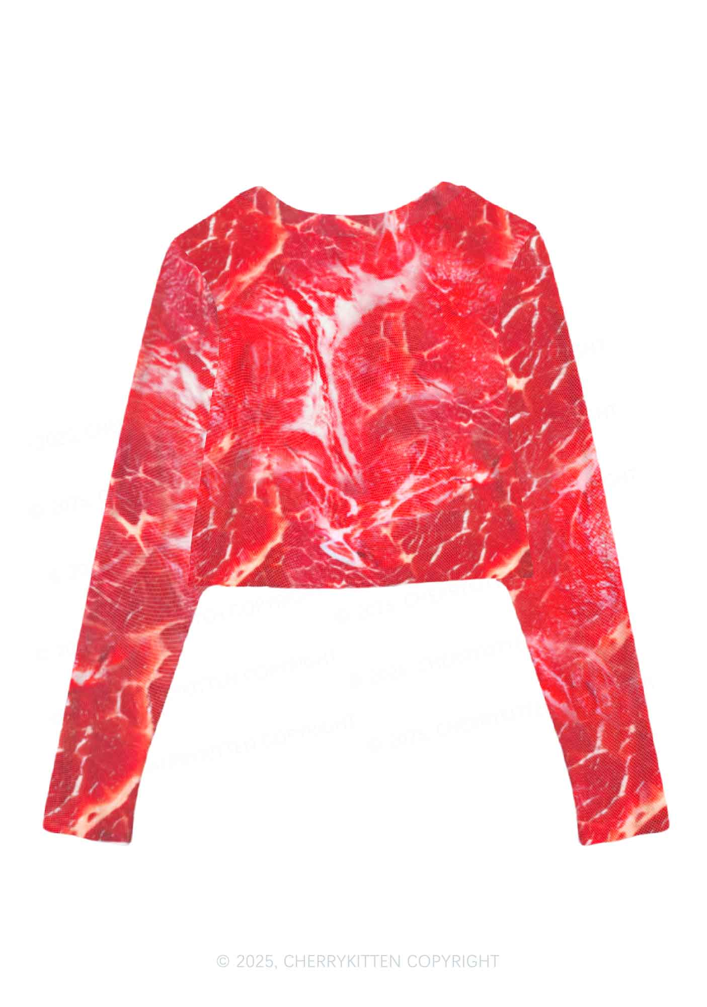 Beef Steak Texture Y2K Mesh Long Sleeve Crop Top Cherrykitten