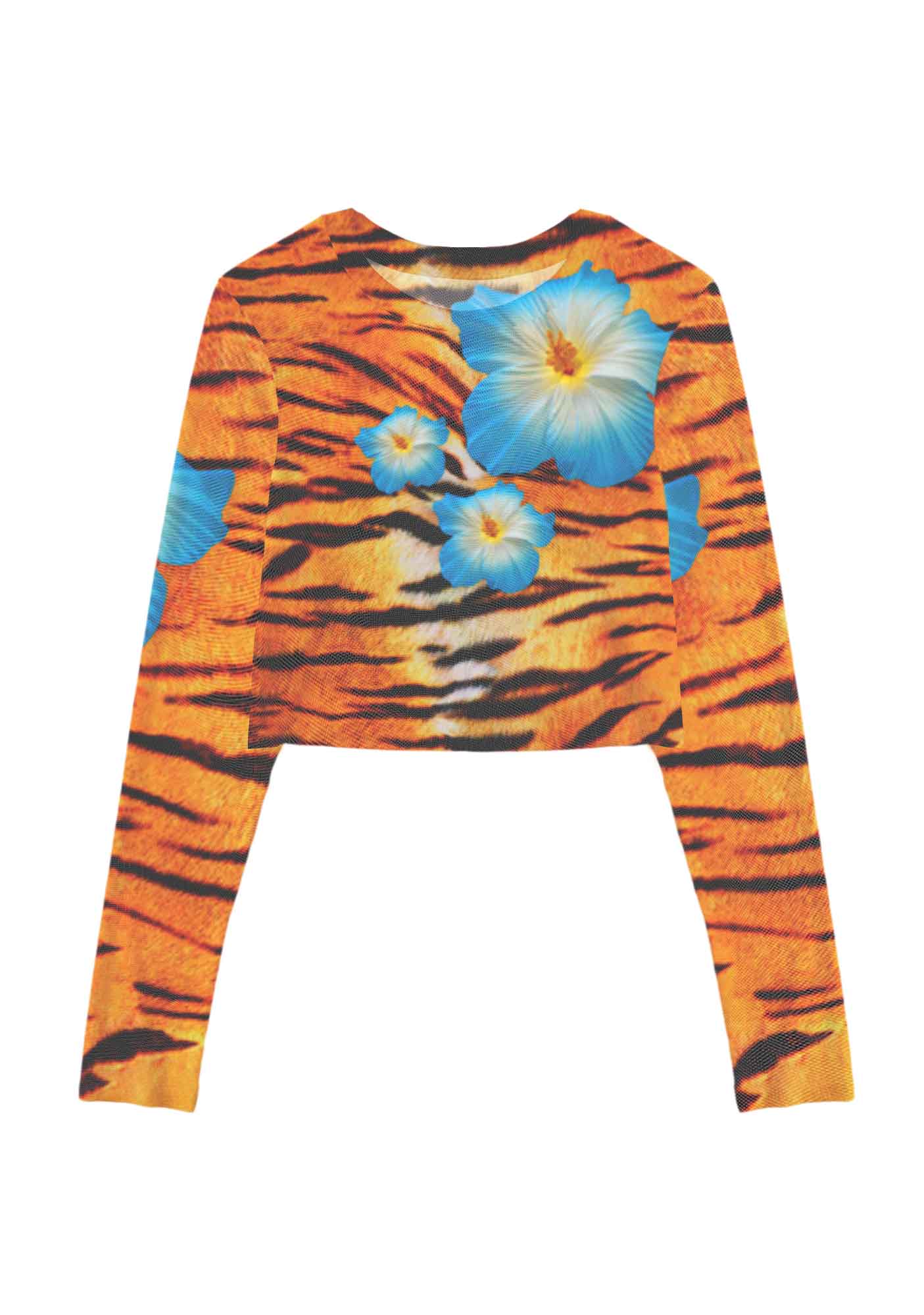 Tiger With Flowers Y2K Mesh Long Sleeve Crop Top Cherrykitten