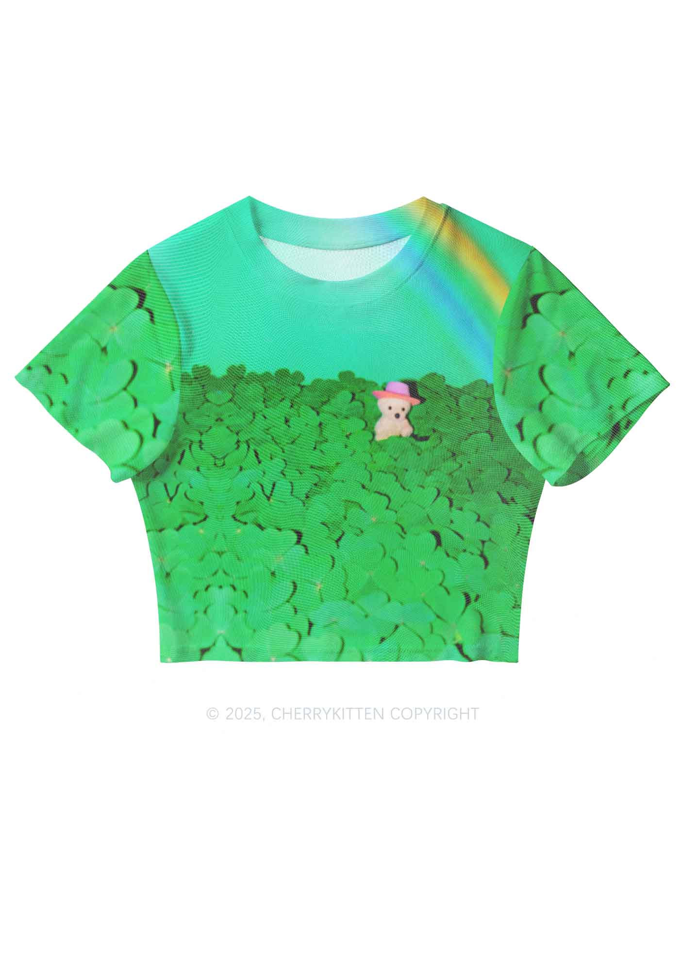 Clover Bear St Patricks Y2K Mesh Crop Top Cherrykitten