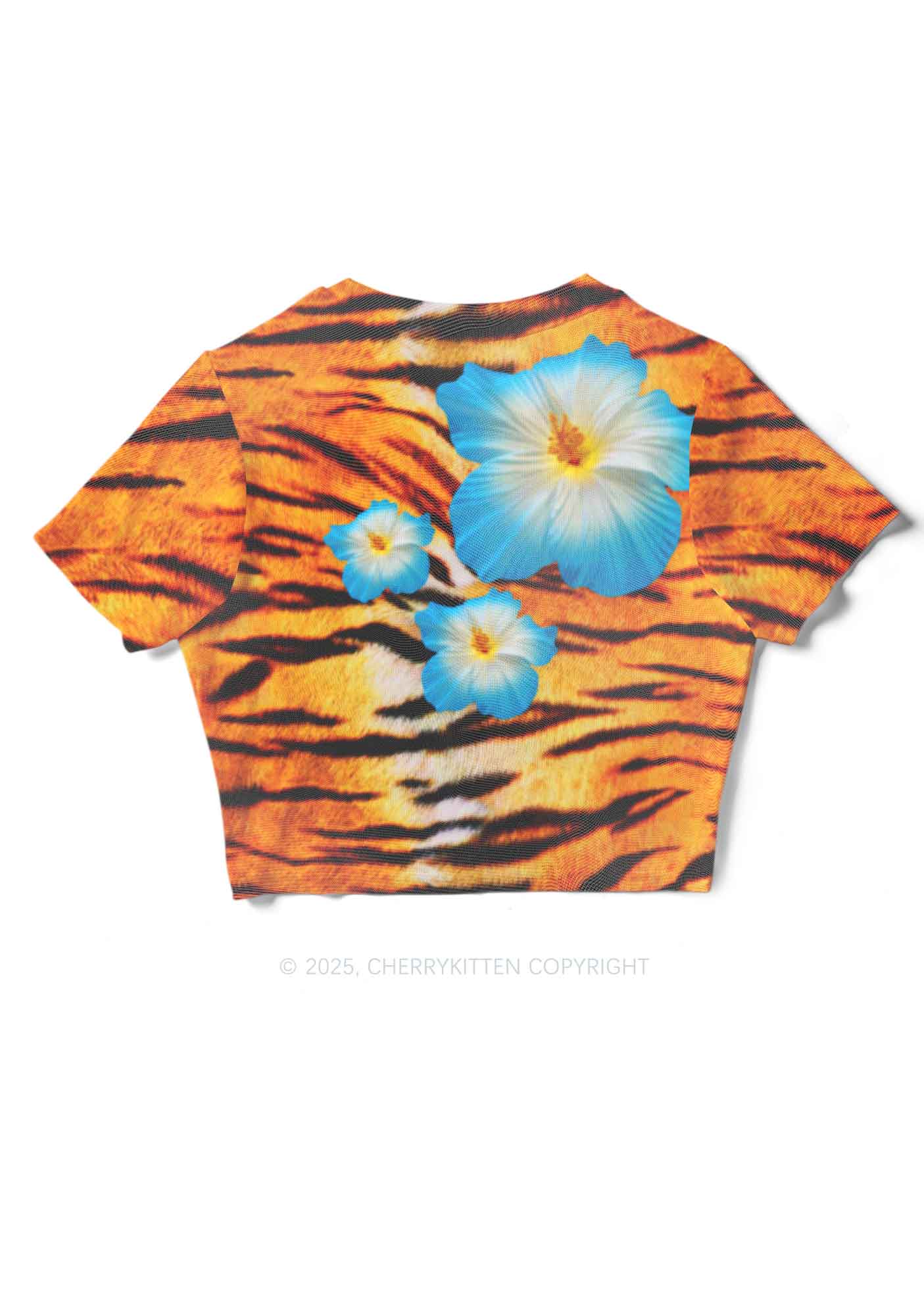 Tiger With Flowers Y2K Mesh Crop Top Cherrykitten