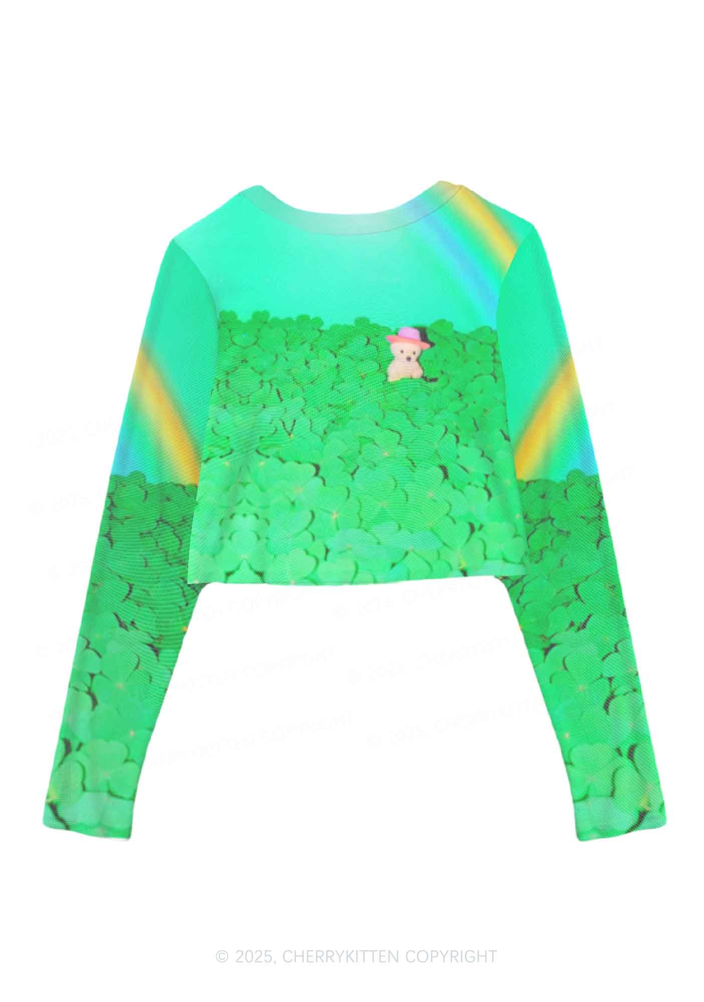 Clover Bear St Patricks Y2K Mesh Long Sleeve Crop Top Cherrykitten