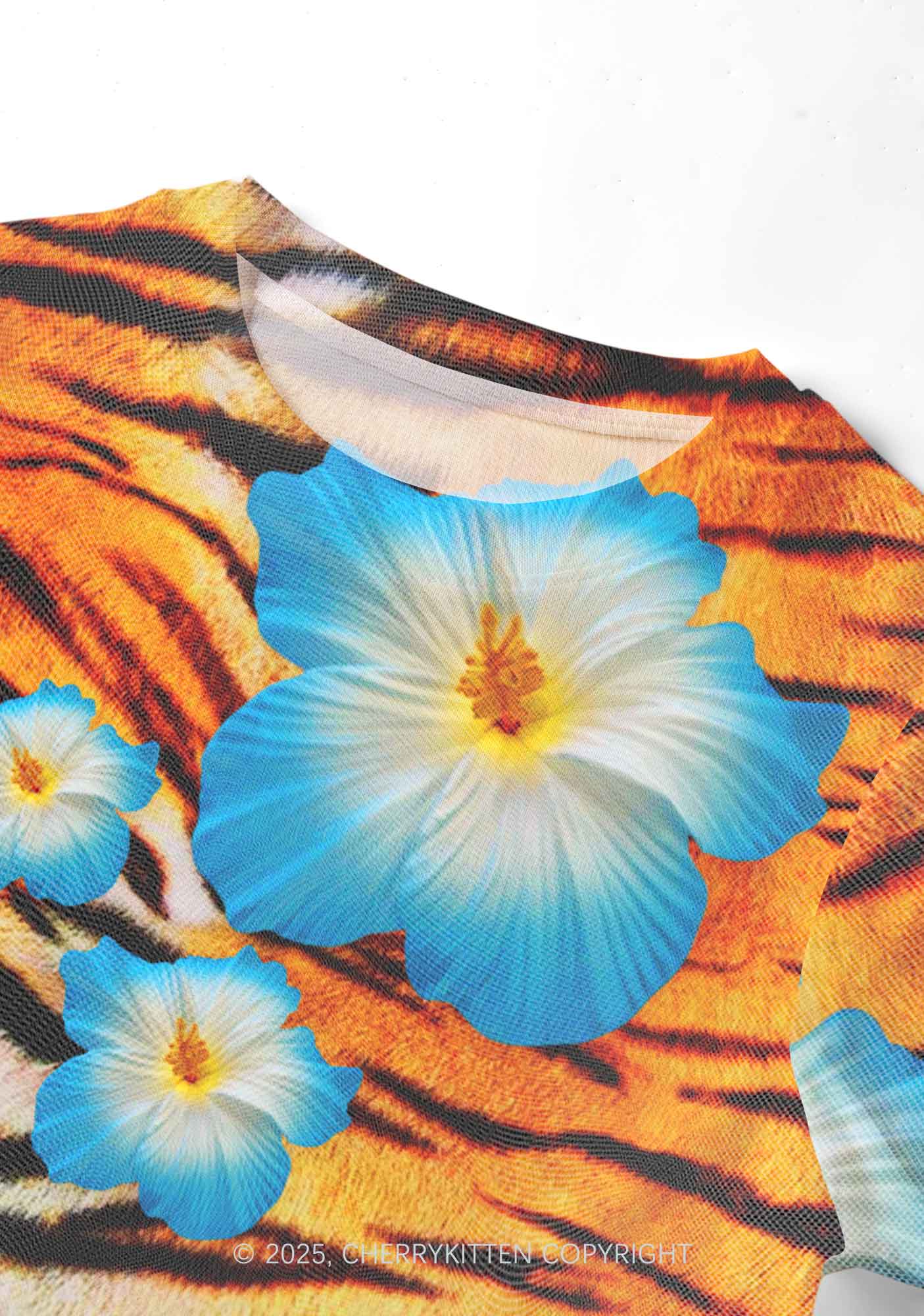 Tiger With Flowers Y2K Mesh Crop Top Cherrykitten