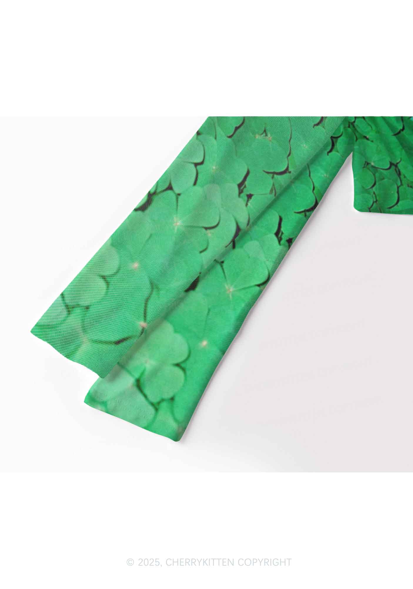 Clover Bear St Patricks Y2K Mesh Long Sleeve Crop Top Cherrykitten