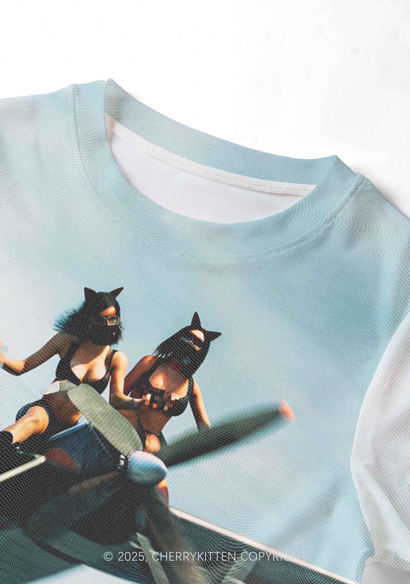 Girls Airplane Race Y2K Mesh Crop Top Cherrykitten