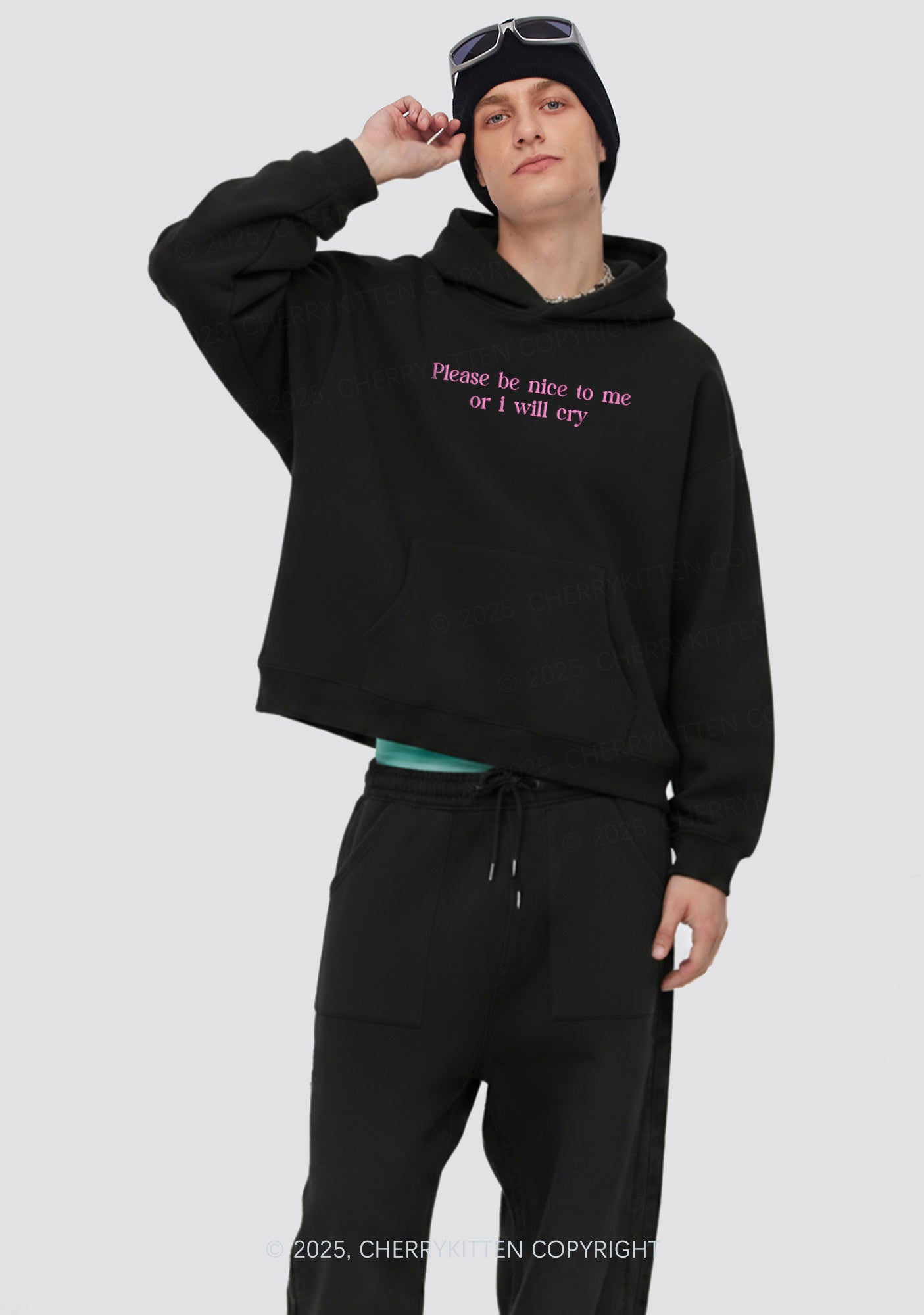 Embroidered Please Be Nice To Me Y2K Fleece Sweatshirts Set Cherrykitten