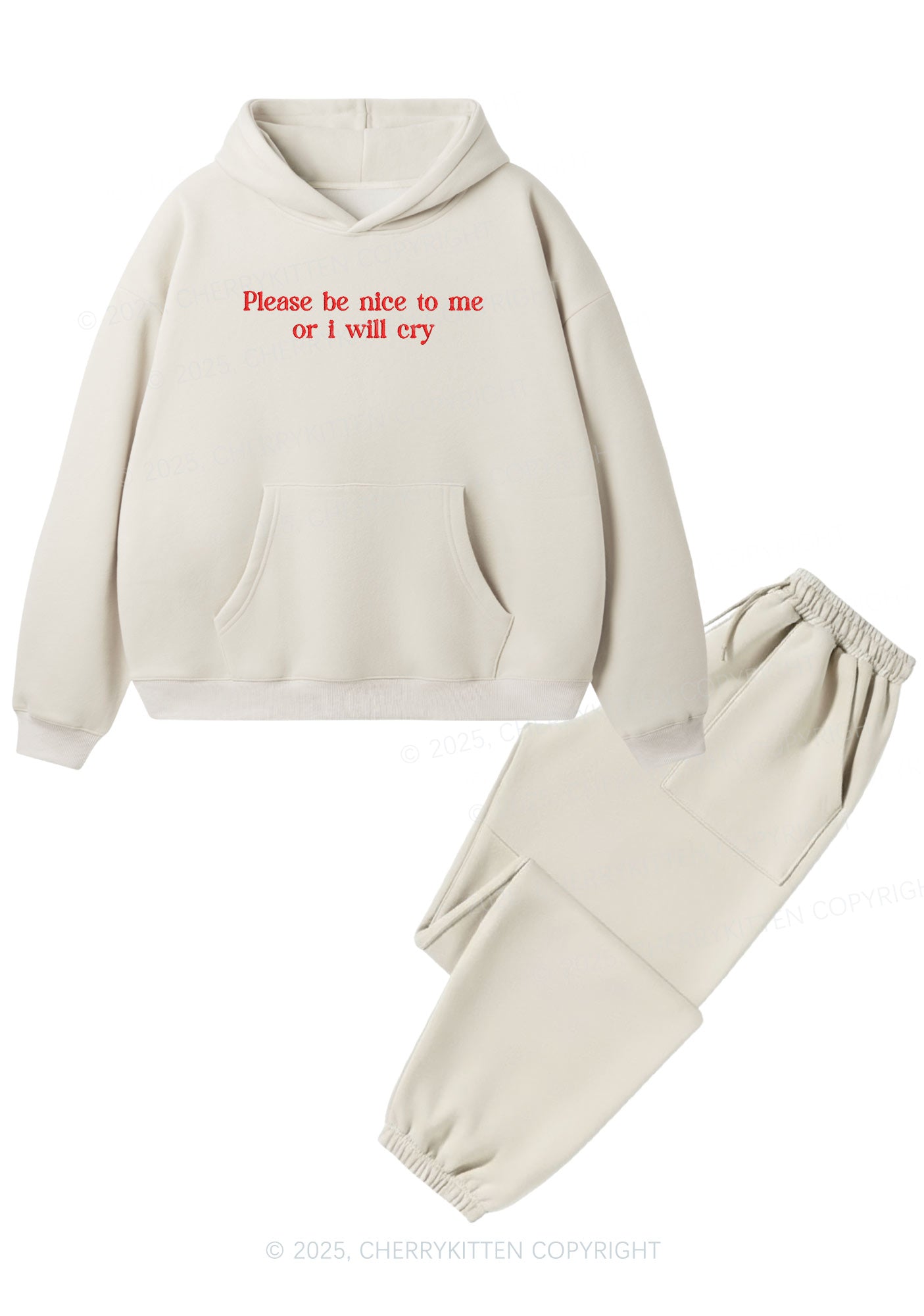 Embroidered Please Be Nice To Me Y2K Fleece Hoodie Set Cherrykitten