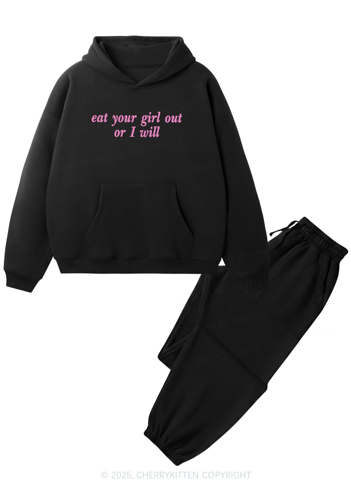 Embroidered Eat Your Girl Out Pride Y2K Fleece Hoodie Set Cherrykitten