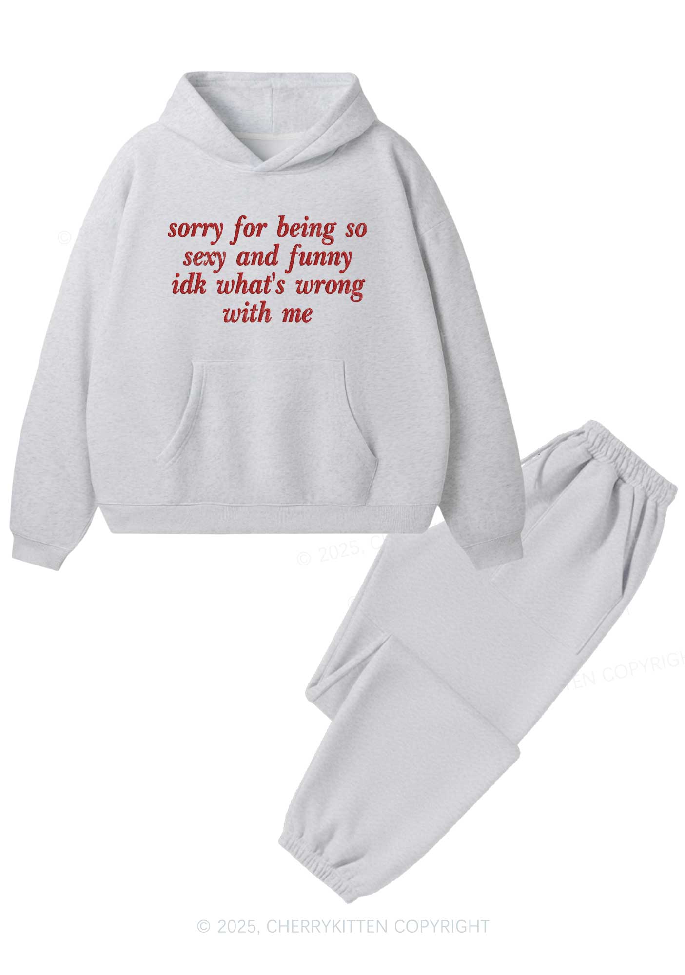 Embroidered Sorry For Being So Funny Y2K Fleece Hoodie Set Cherrykitten