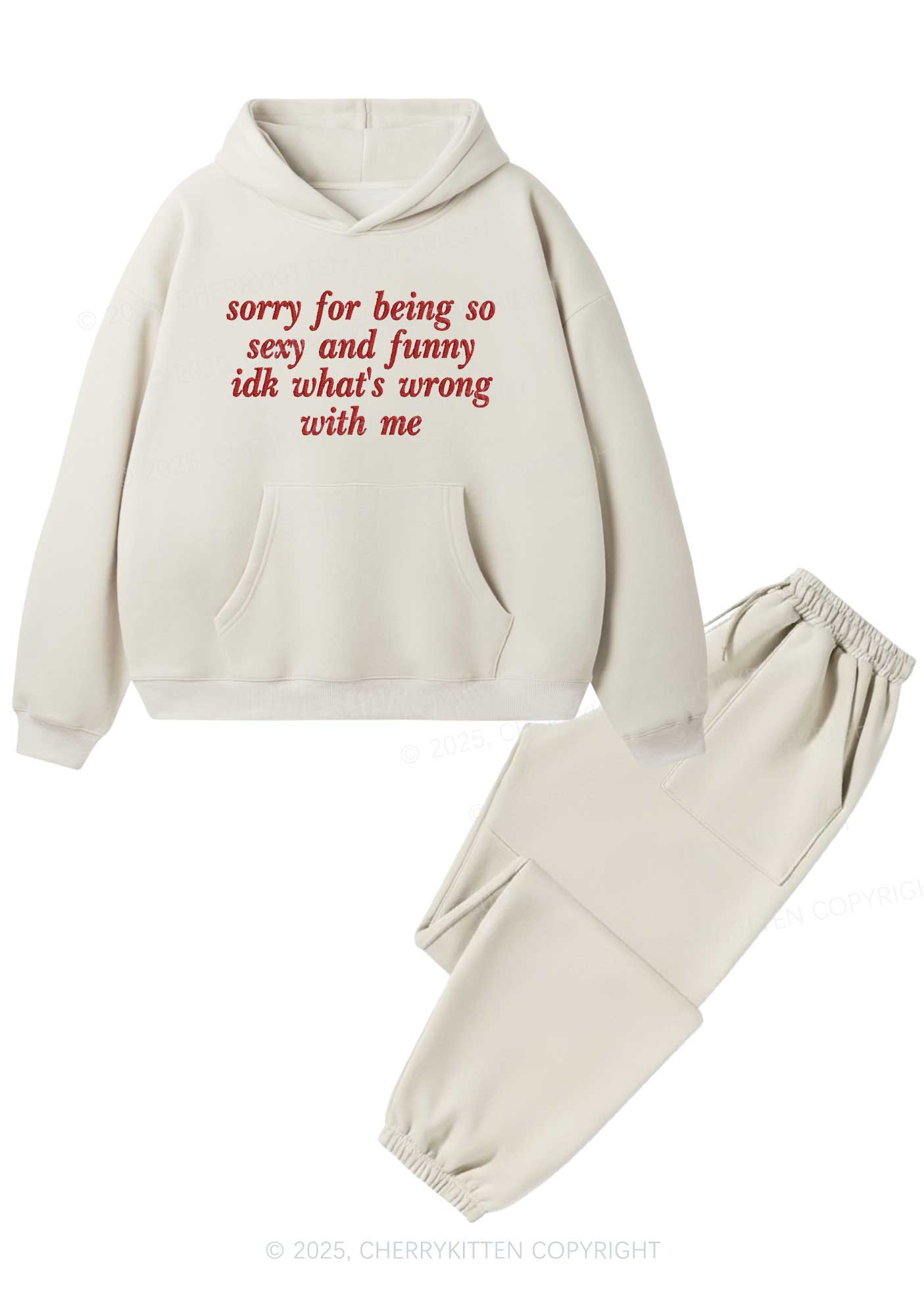 Embroidered Sorry For Being So Funny Y2K Fleece Hoodie Set Cherrykitten