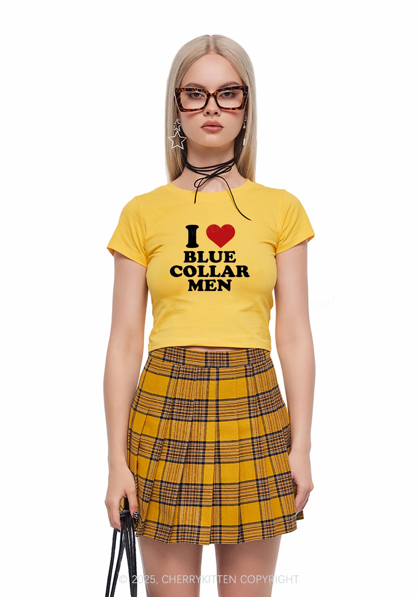 I Love Blue Collar Men Y2K Baby Tee Cherrykitten