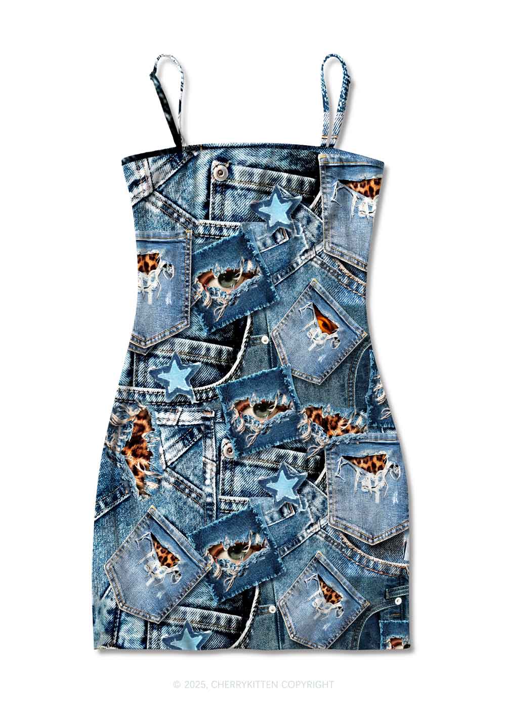 Denim Patchwork Y2K Print Slip Dress Cherrykitten