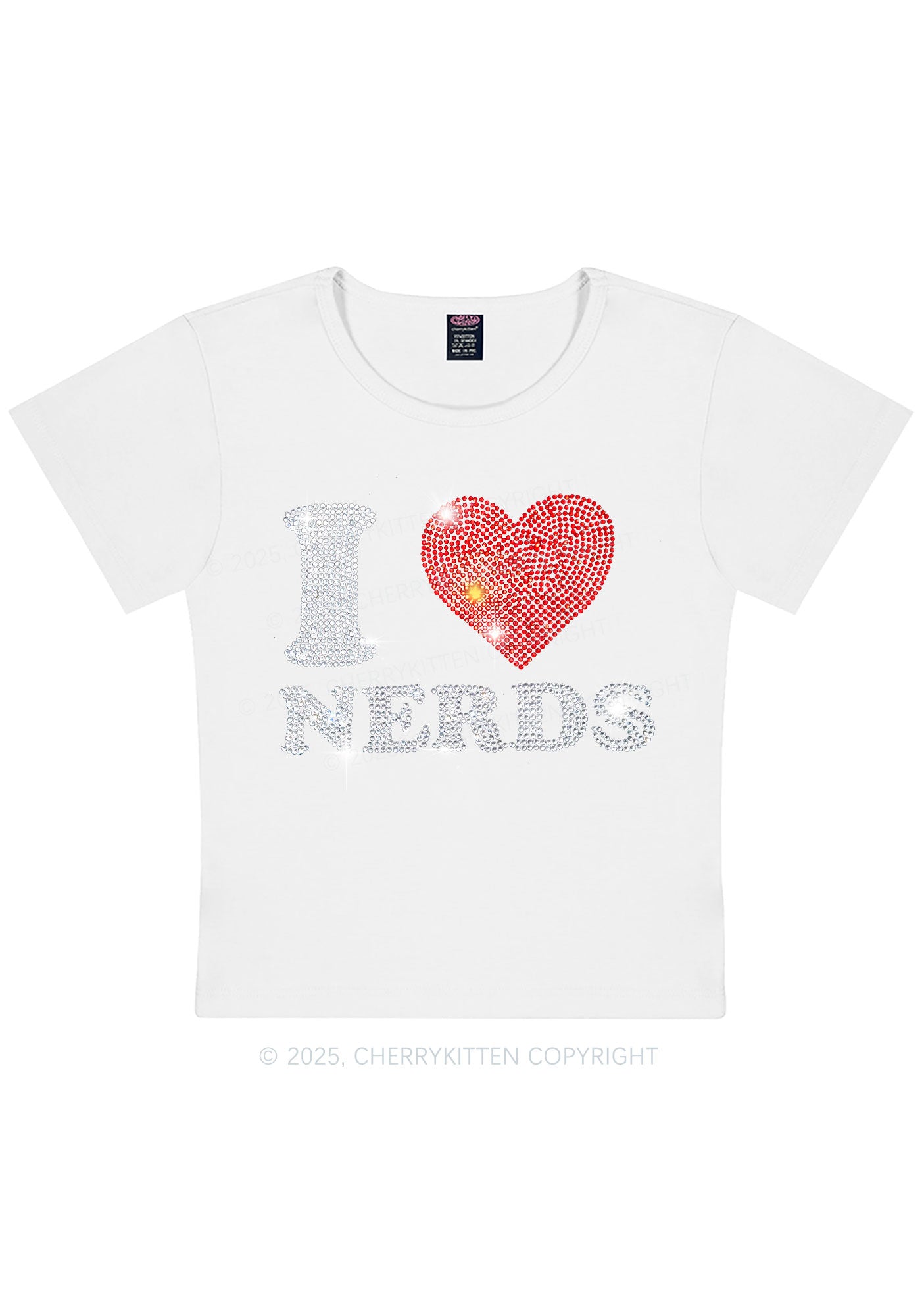 Curvy Rhinestone I Love Nerds Y2K Baby Tee Cherrykitten