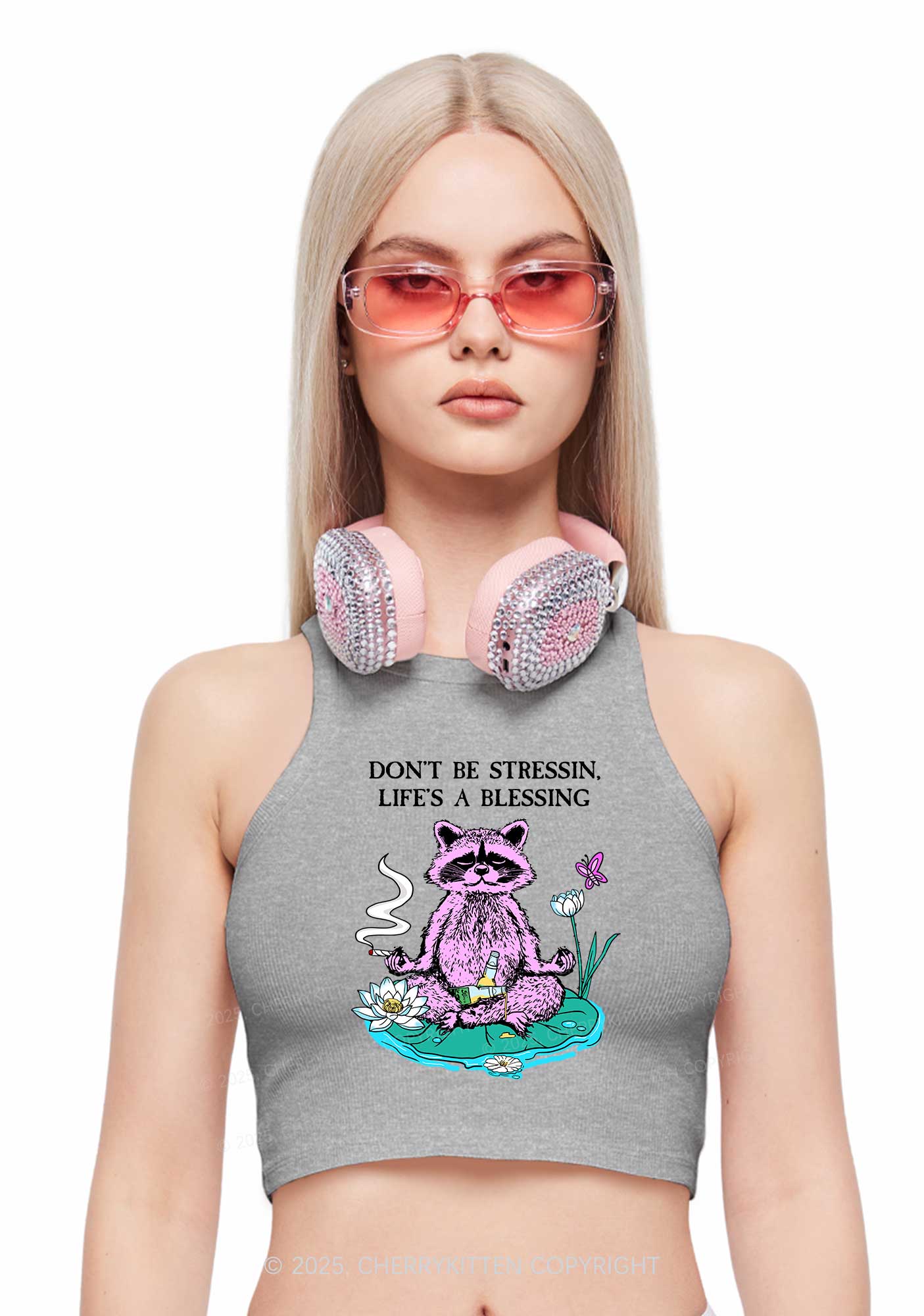 Dont Stress Raccoon Y2K Crop Tank Top Cherrykitten