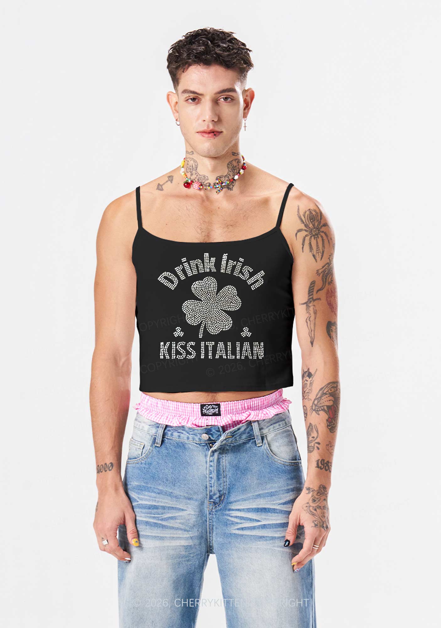 Rhinestone Drink Irish Kiss Italian St Patricks Y2K Spaghetti Strap Cami Cherrykitten