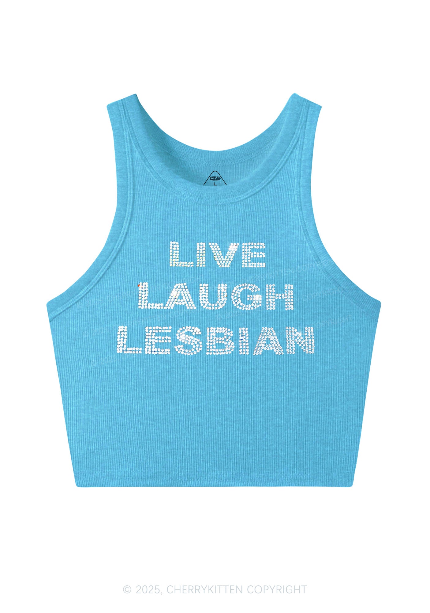 Rhinestone Live Laugh Lesbian Pride Y2K Crop Tank Top Cherrykitten