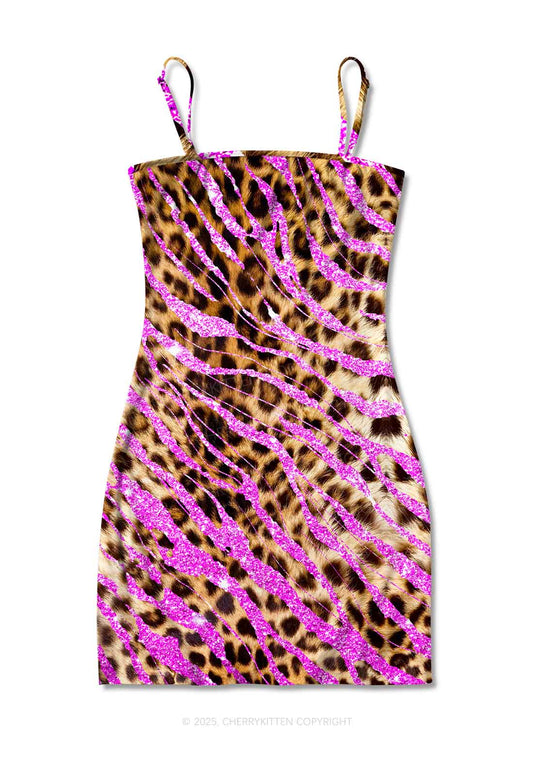 Sparkle Pink Leopard Y2K Print Slip Dress Cherrykitten