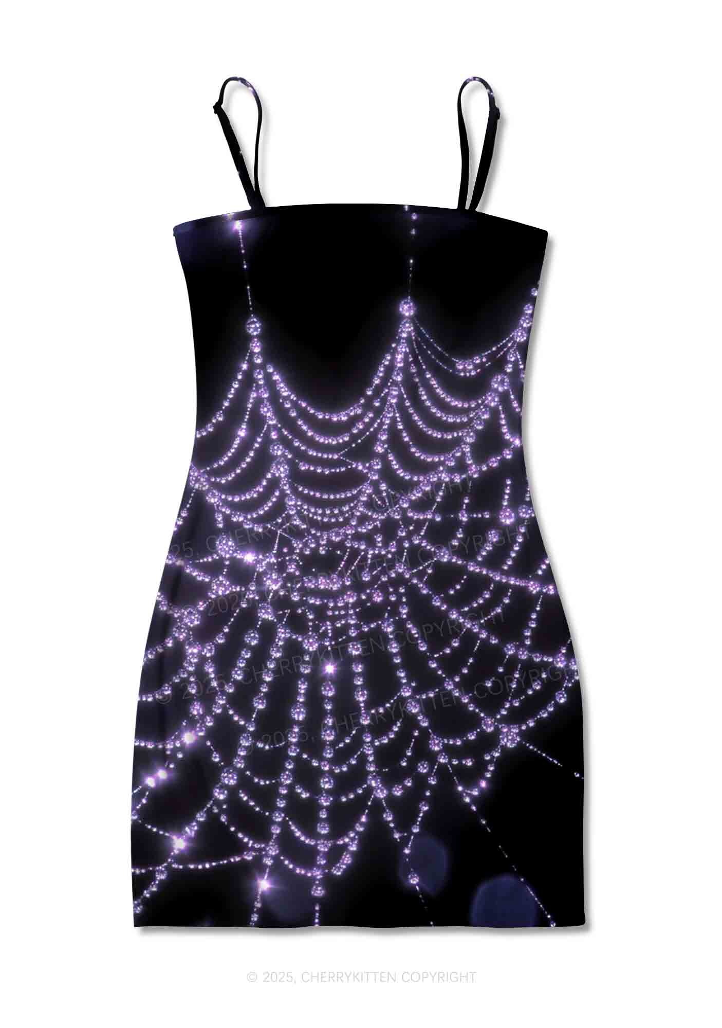 Glistening Spiderweb Y2K Print Slip Dress Cherrykitten