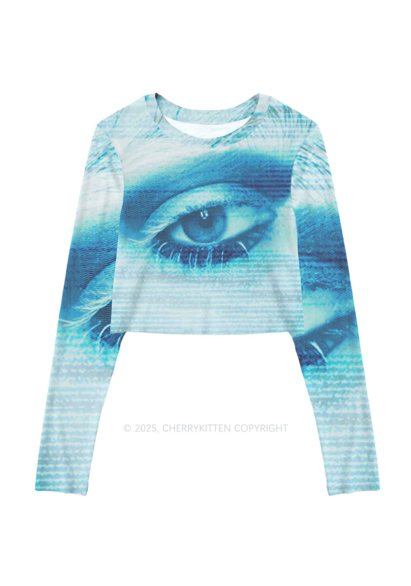 Halloween Tech Blue Eye Y2K Mesh Long Sleeve Crop Top Cherrykitten