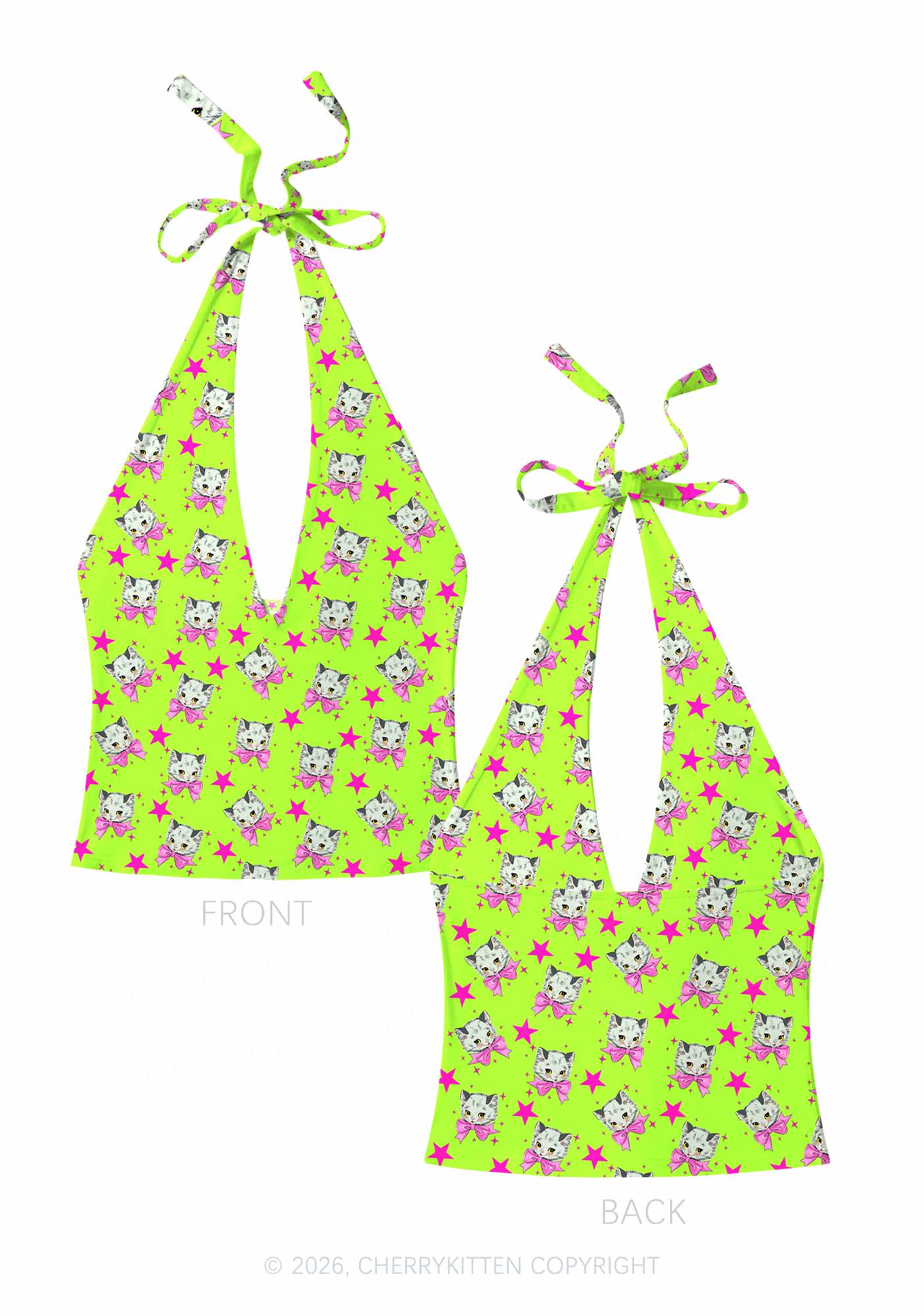 Pink Bow Cats Star Y2K Print Halter Deep V Neck Cami Cherrykitten