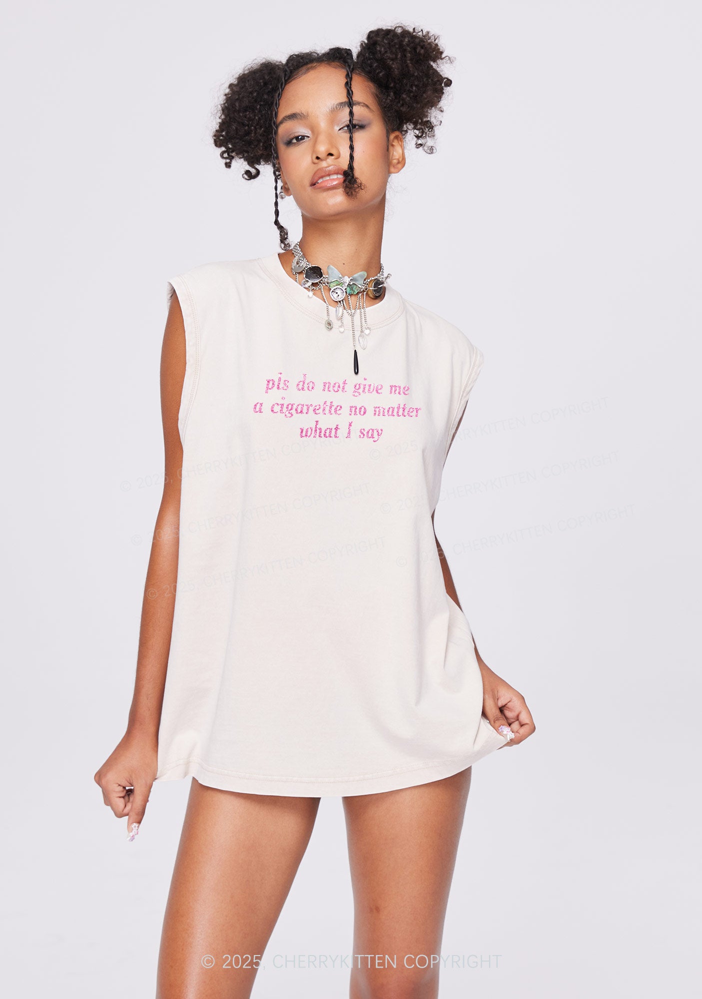 Glitter Pls Dont Give Me Cigarette Y2K Washed Muscle Tank Cherrykitten