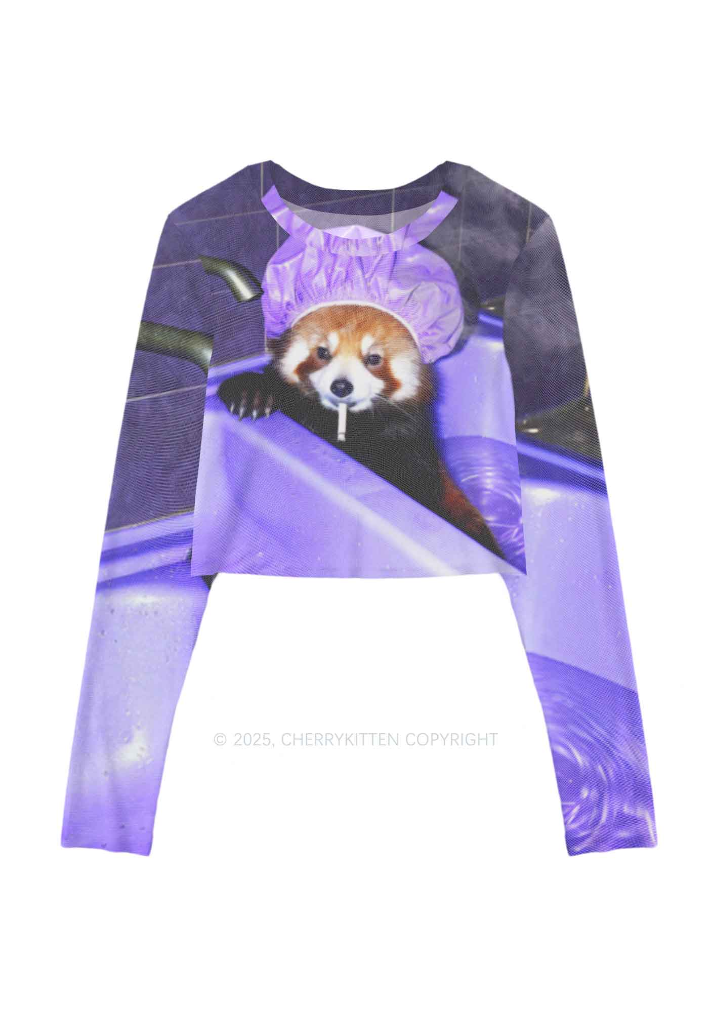 Purple Bath Smoking Raccoon Y2K Mesh Long Sleeve Crop Top Cherrykitten