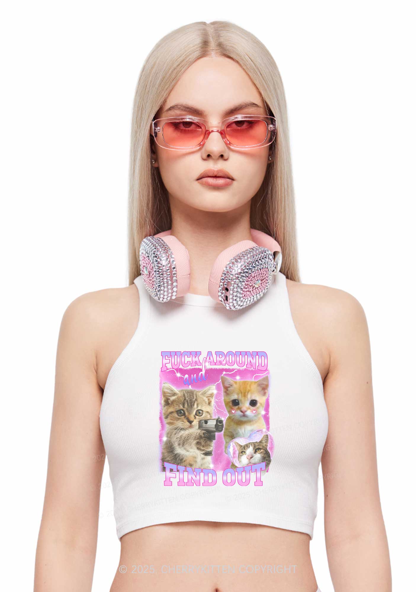 Fxxk Around Cats Y2K Crop Tank Top Cherrykitten