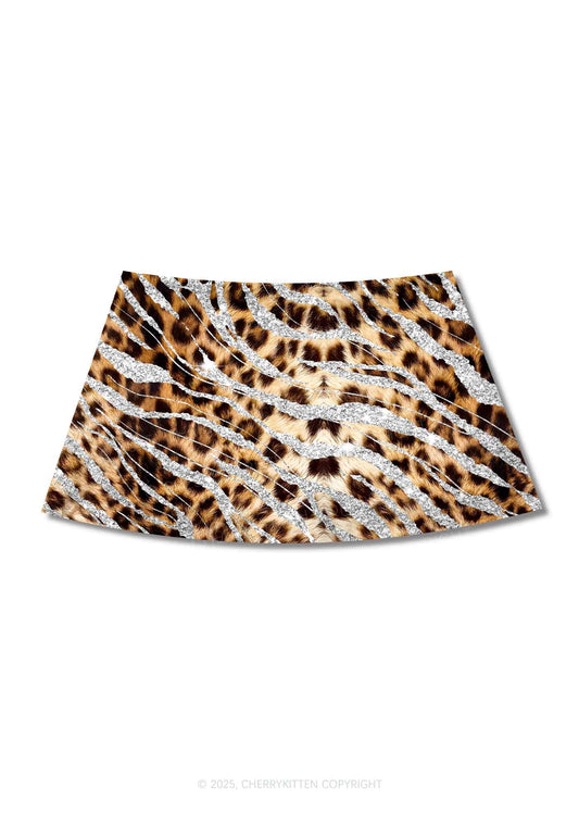 Silver Glitter Leopard Y2K Print Mini Skirt Cherrykitten