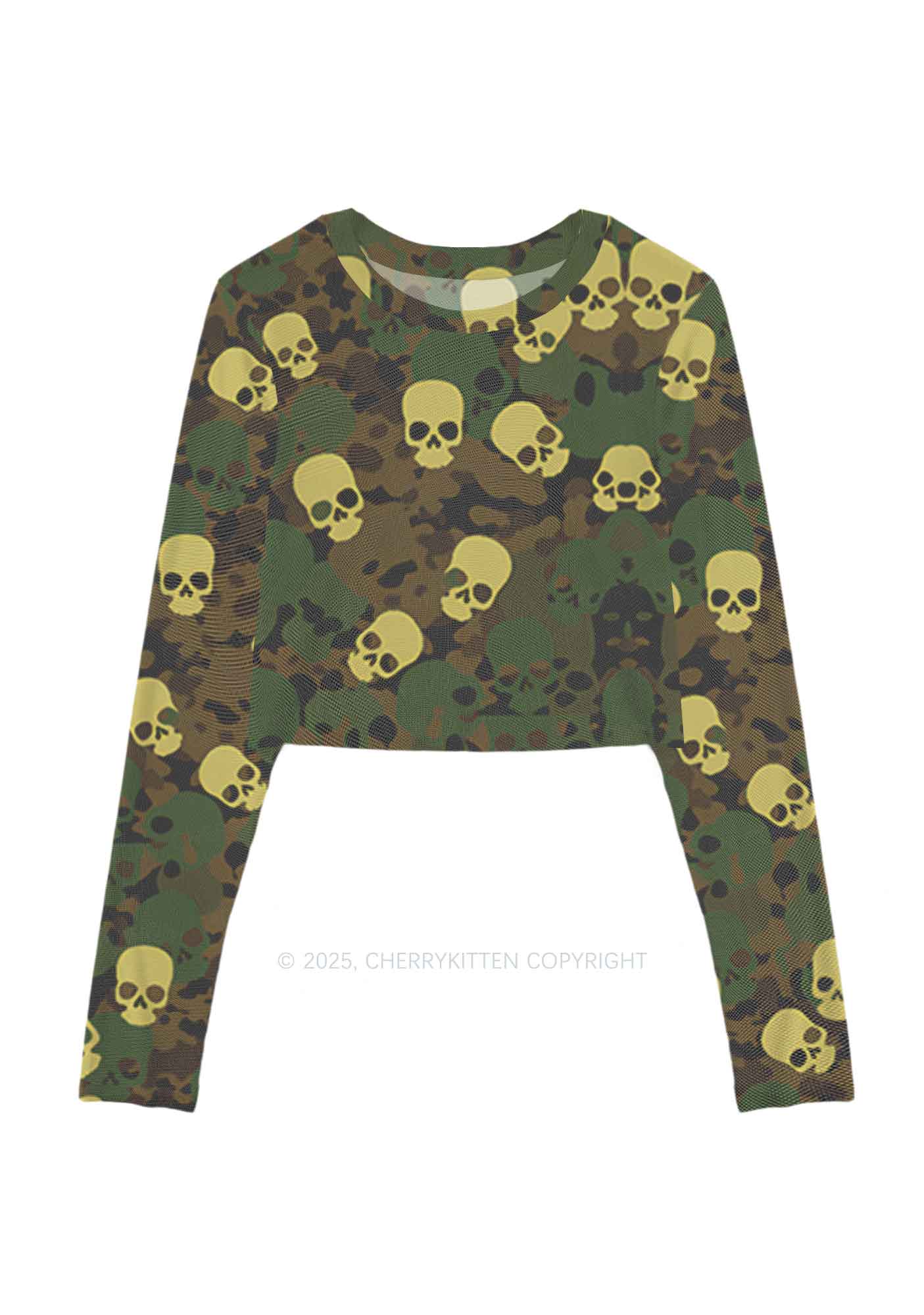 Halloween Camouflage Skull Y2K Mesh Long Sleeve Crop Top Cherrykitten