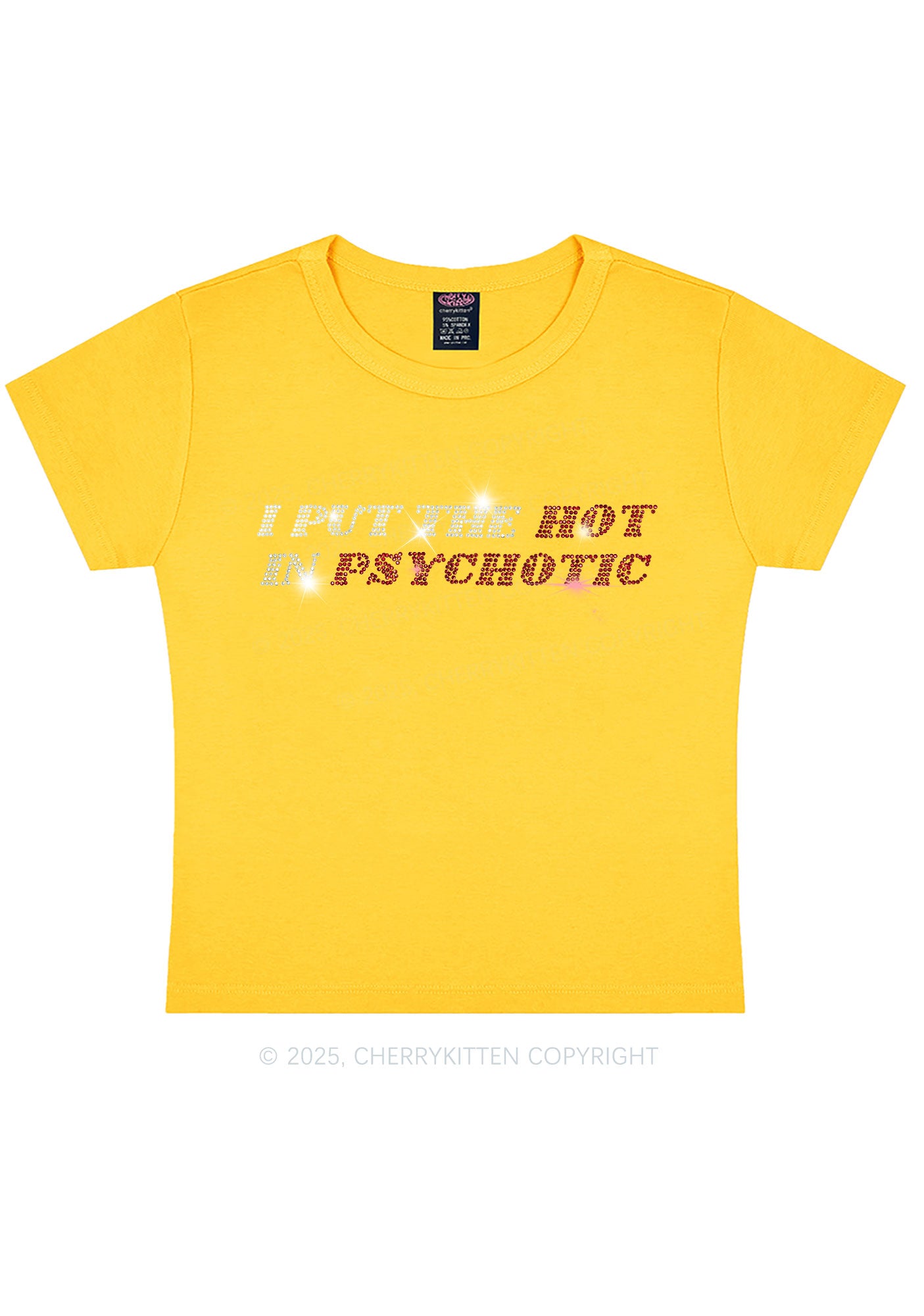 Rhinestone I Put The Hot In Psychotic Y2K Baby Tee Cherrykitten