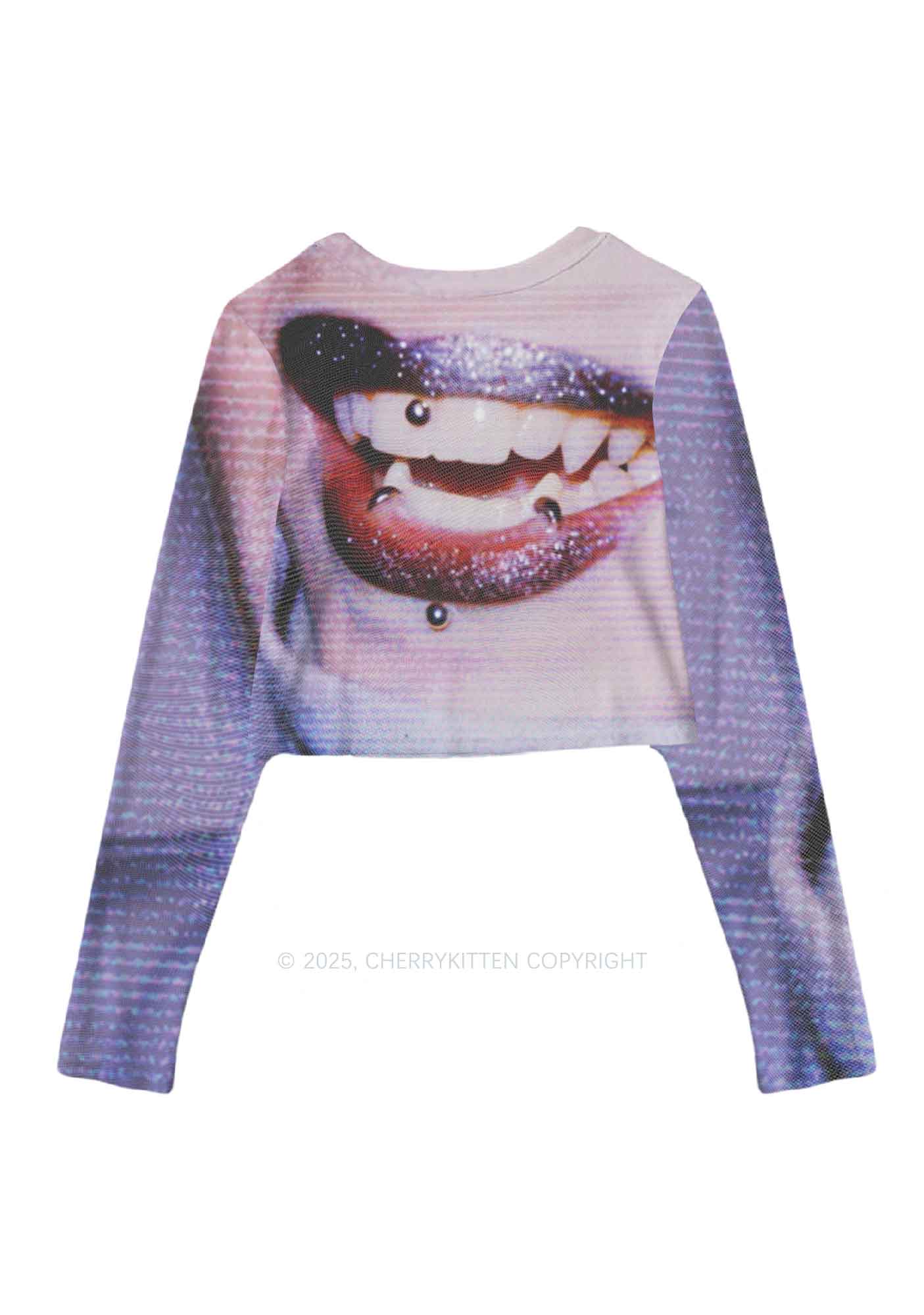 Halloween Punk Lips Y2K Mesh Long Sleeve Crop Top Cherrykitten