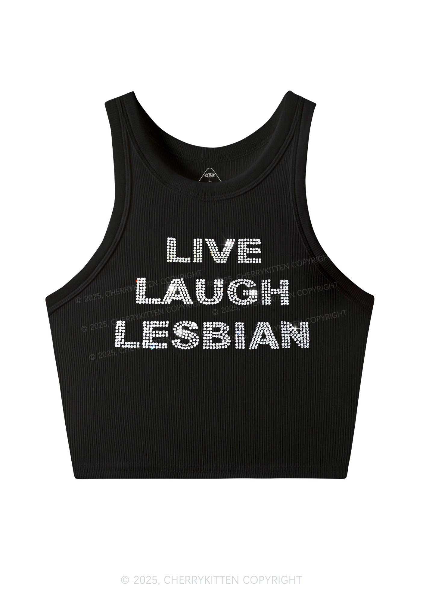 Rhinestone Live Laugh Lesbian Pride Y2K Crop Tank Top Cherrykitten