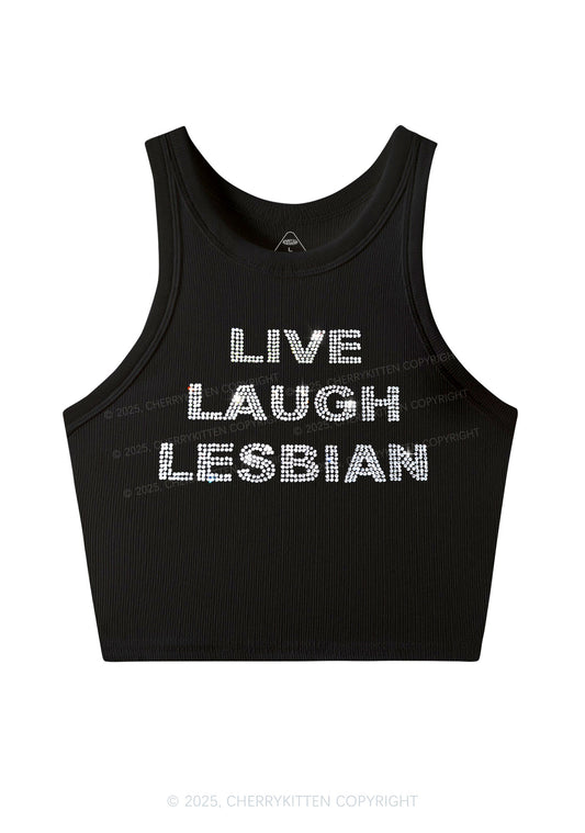 Rhinestone Live Laugh Lesbian Pride Y2K Crop Tank Top Cherrykitten