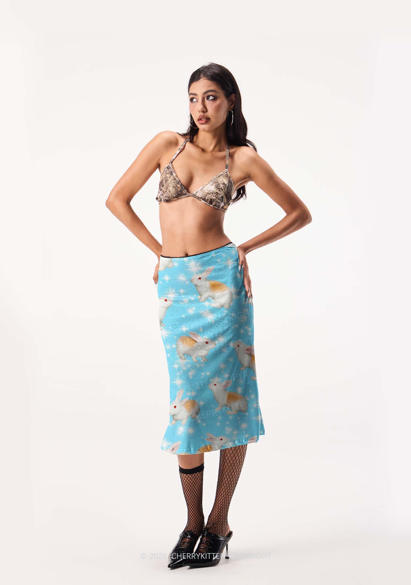 Orange Spotted Bunny Y2K Print Midi Skirt Cherrykitten