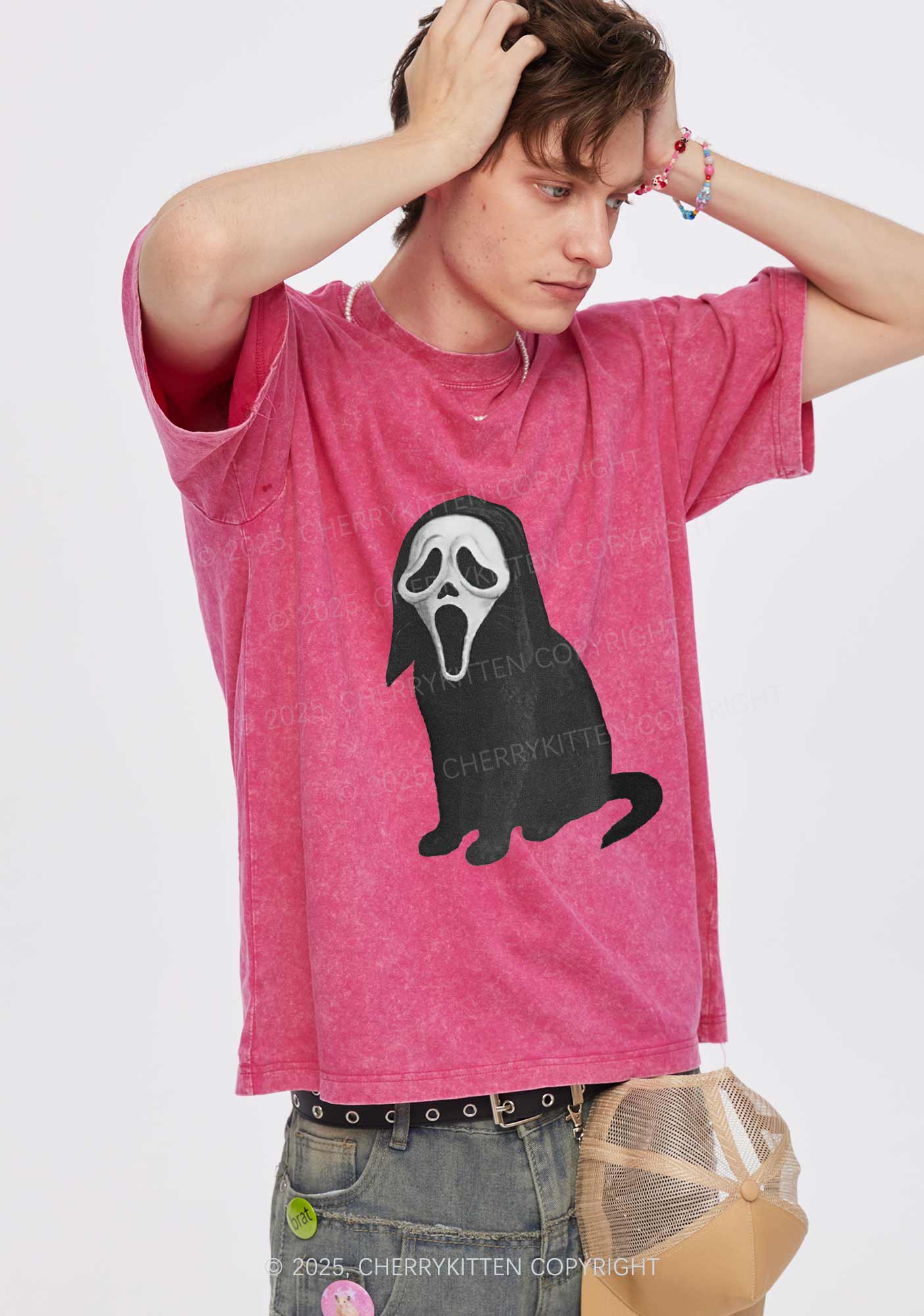 Halloween Ghostcat Y2K Washed Tee Cherrykitten
