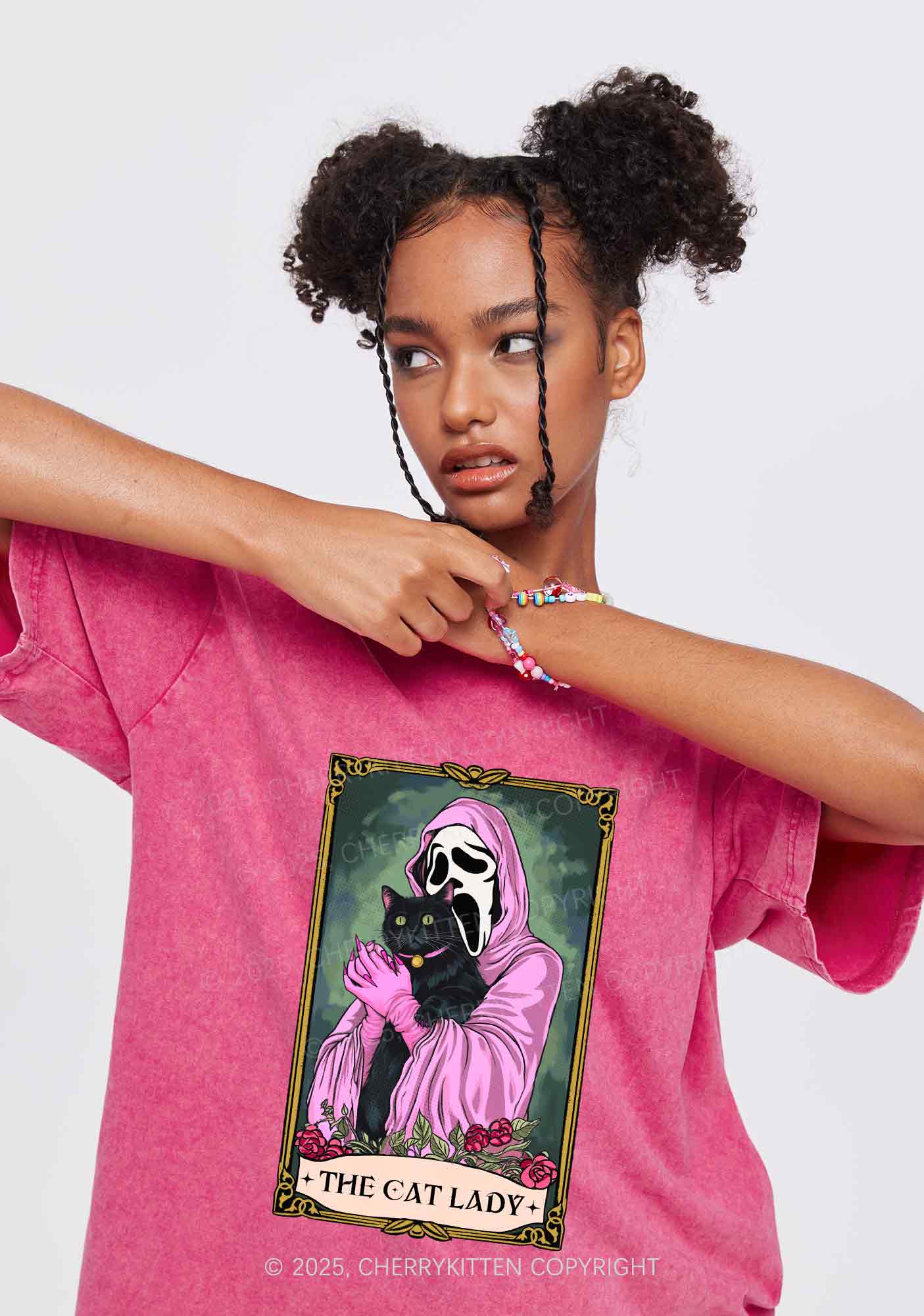 Halloween The Skull Cat Lady Y2K Shirts Washed Tee Cherrykitten
