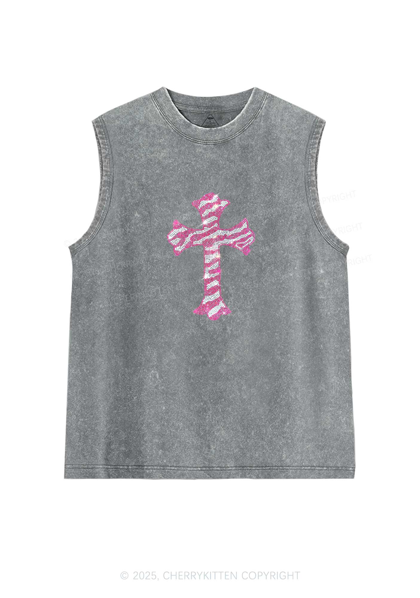 Rhinestone Pink Cross Y2K Washed Muscle Tank Cherrykitten