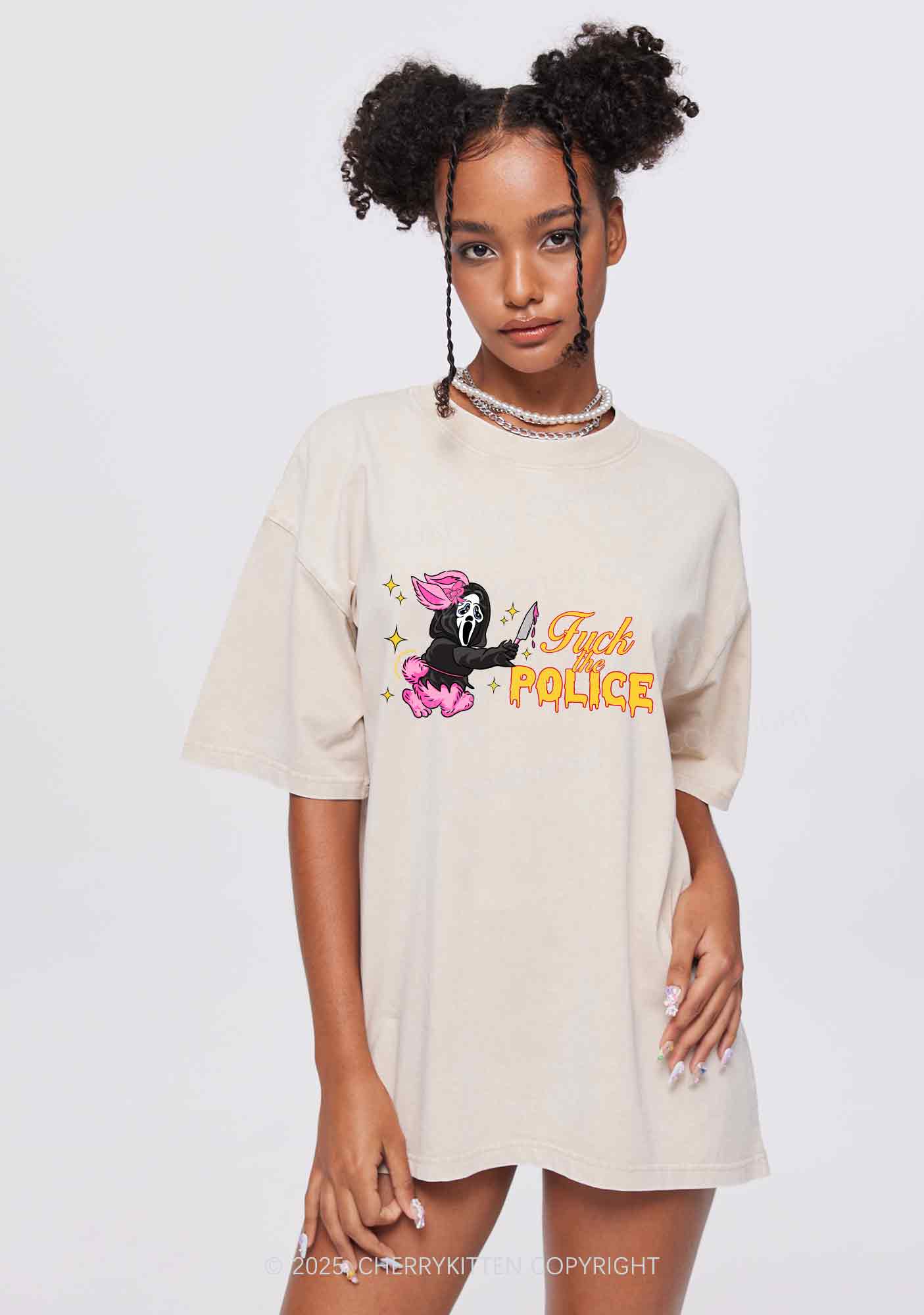 Halloween Fxxk The Police Y2K Shirts Washed Tee Cherrykitten
