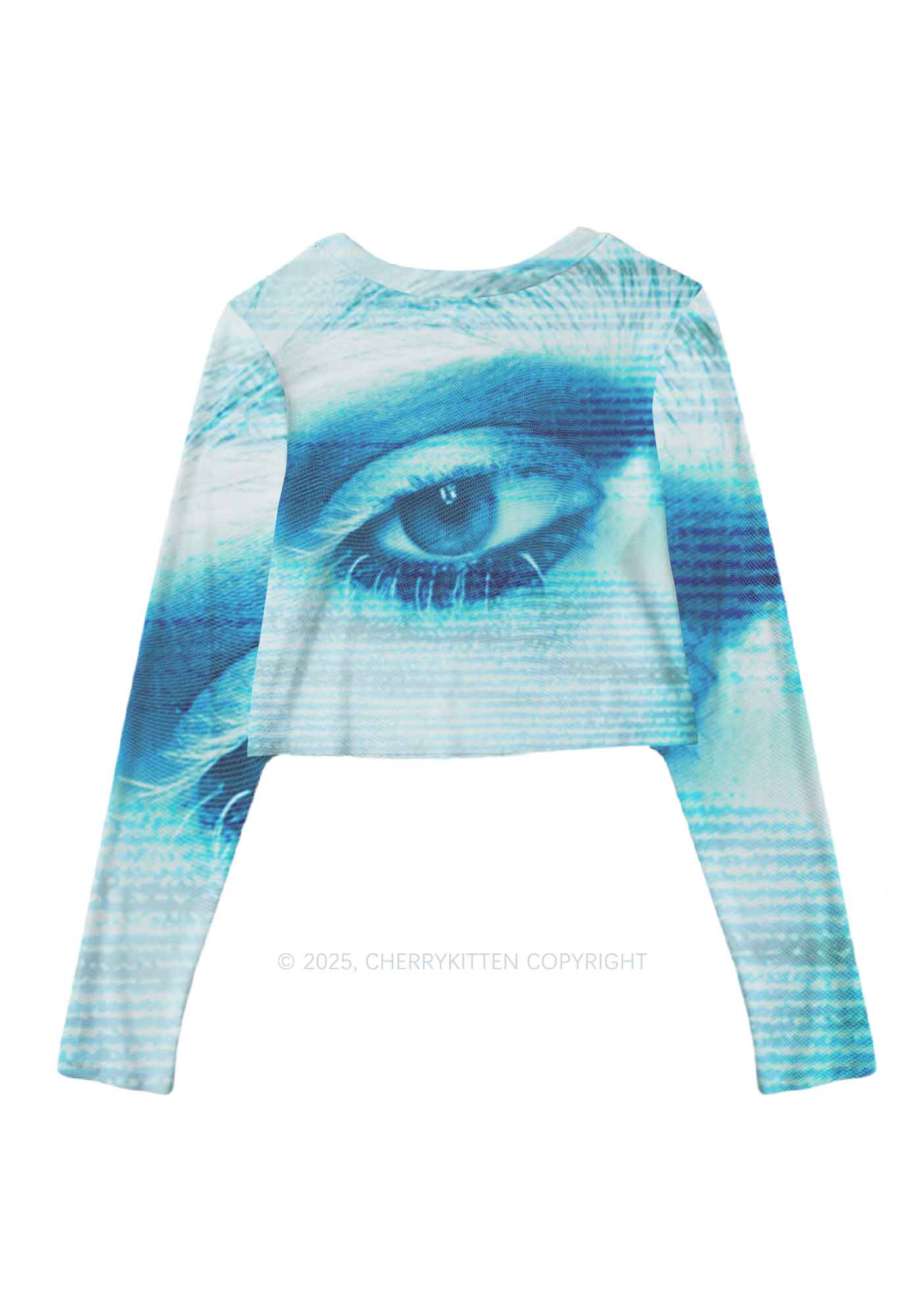 Halloween Tech Blue Eye Y2K Mesh Long Sleeve Crop Top Cherrykitten