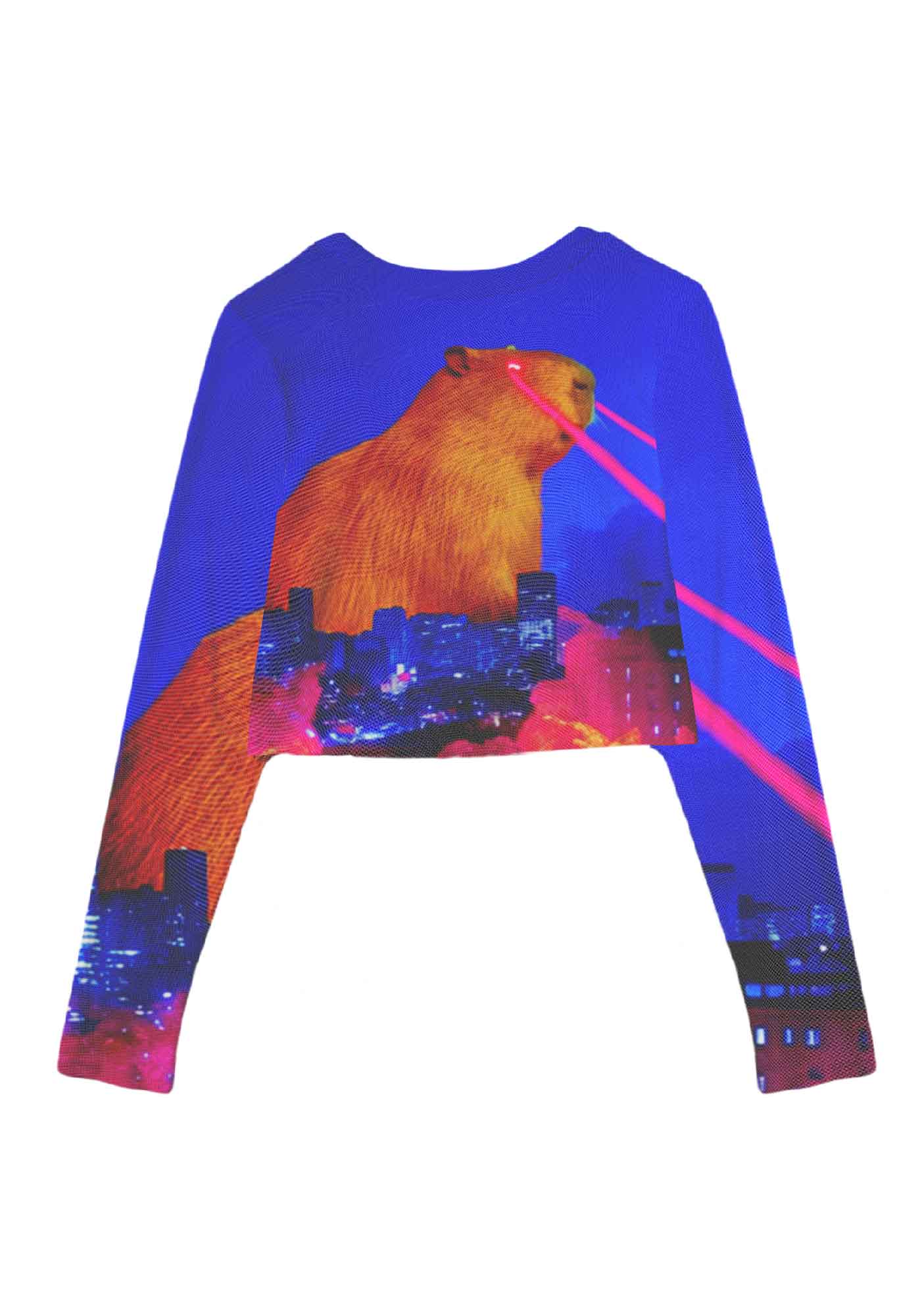 Laser Monster Capybara Y2K Mesh Long Sleeve Crop Top Cherrykitten