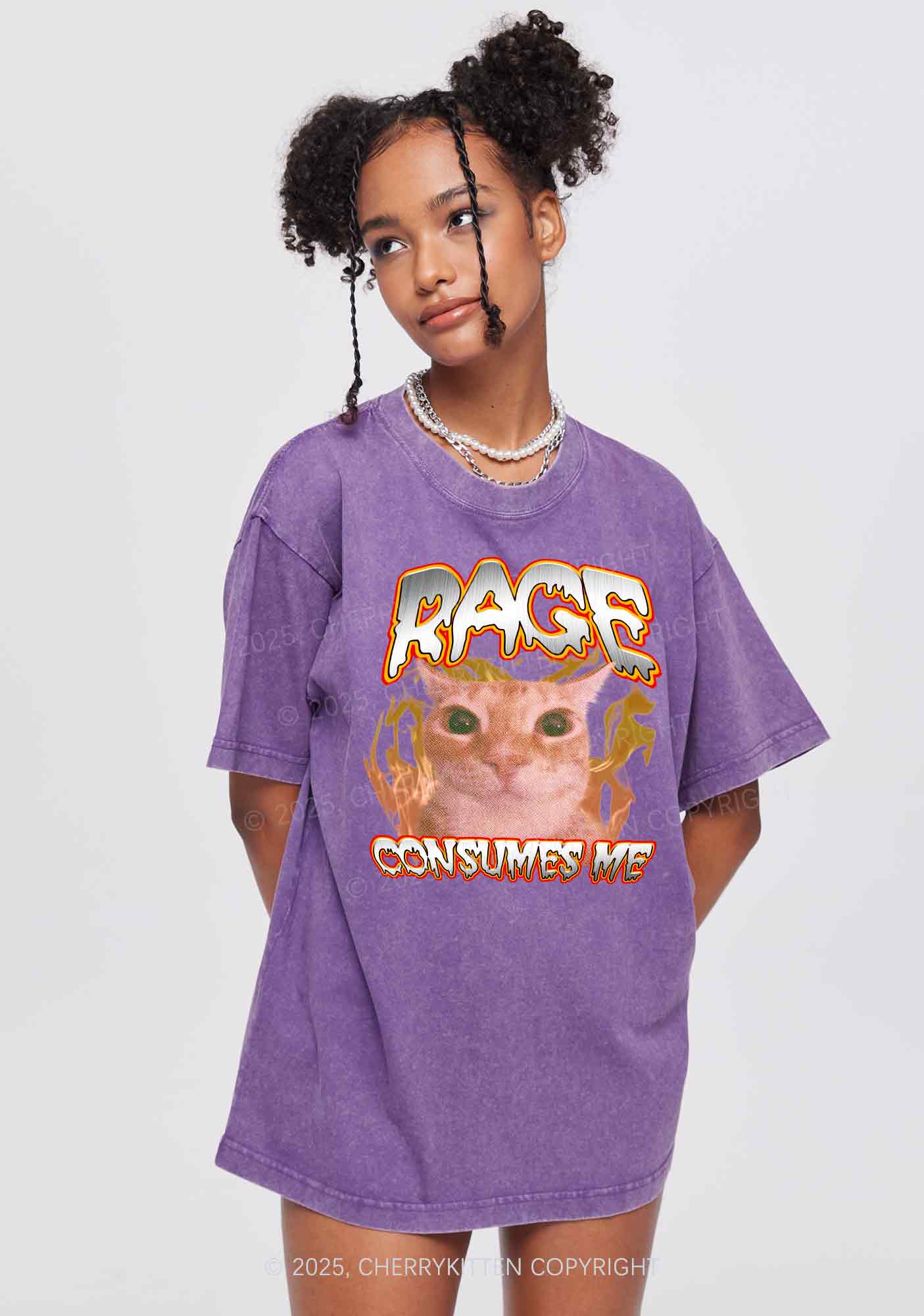 Rage Consumes Me Cat Y2K Shirts Washed Tee Cherrykitten