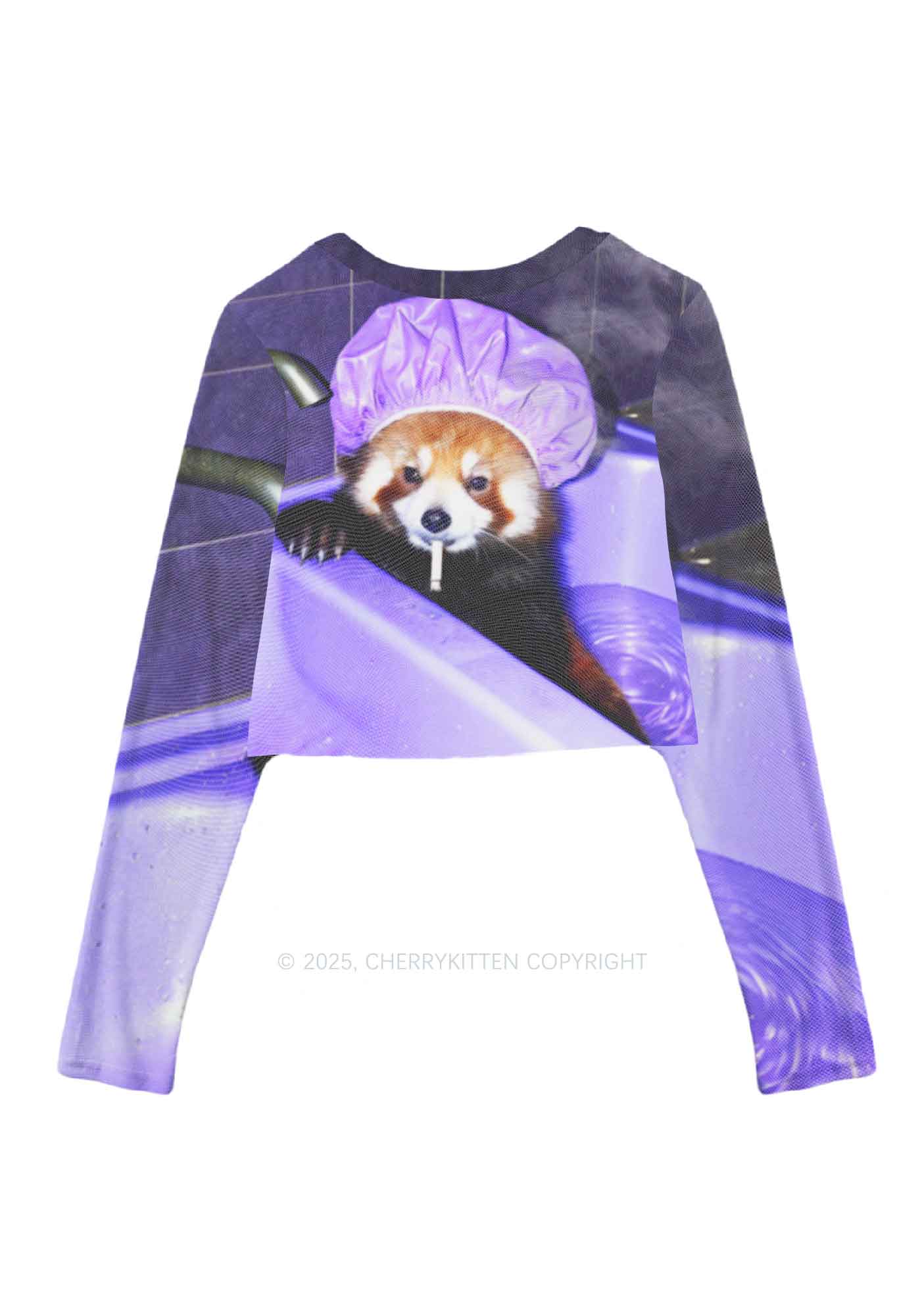 Purple Bath Smoking Raccoon Y2K Mesh Long Sleeve Crop Top Cherrykitten